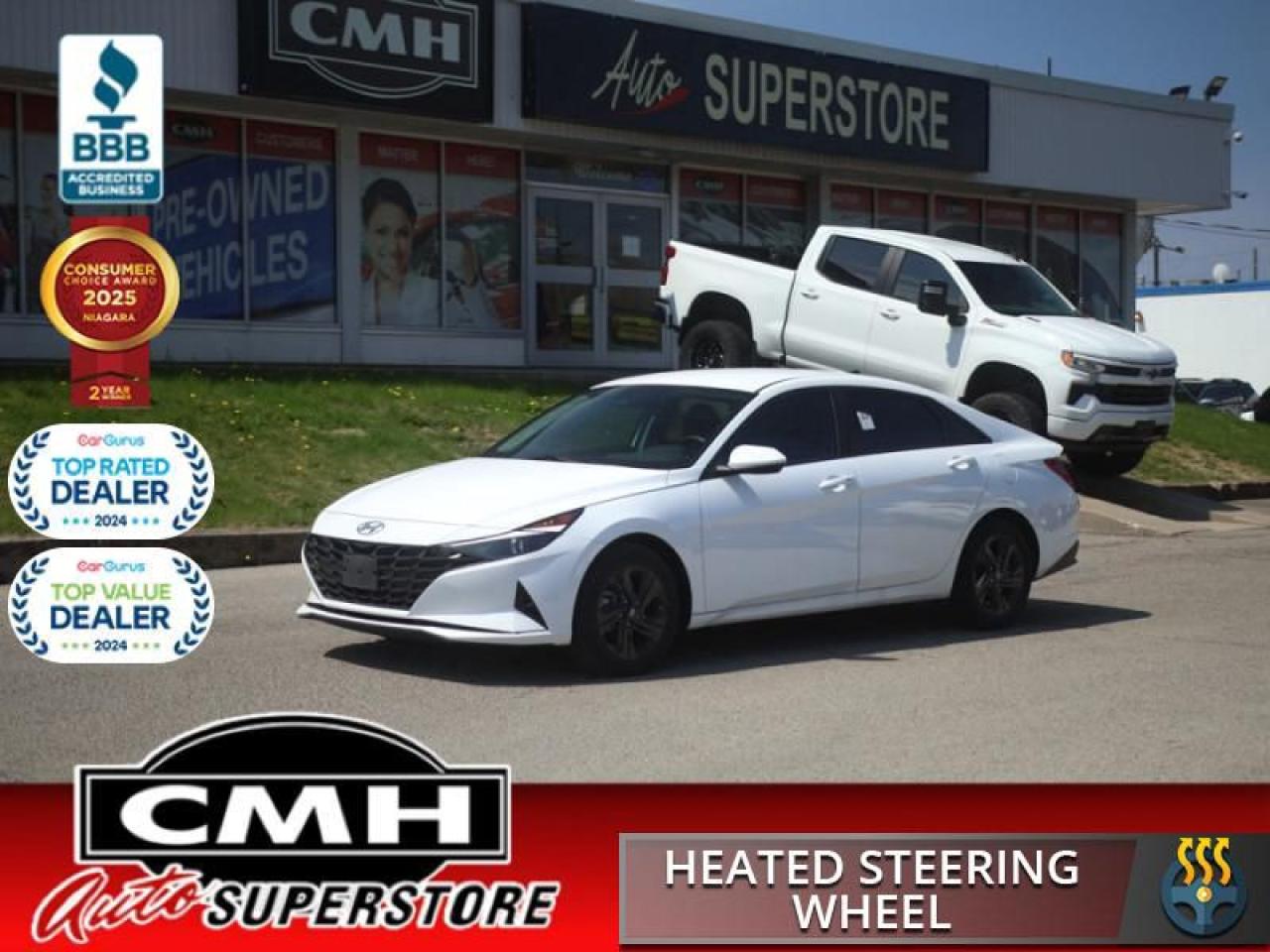 <b>FUEL EFFICIENT SEDAN !! REAR CAMERA, BLIND SPOT MONITORING, LANE SENSING ASSIST, BRAKE ASSIST, APPLE CARPLAY, ANDROID AUTO, BLUETOOTH, STEERING WHEEL CONTROLS, HEATED SEATS, HEATED STEERING WHEEL, REMOTE START, 16-INCH ALLOY WHEELS</b><br>  <br>CMH certifies that all vehicles meet DOUBLE the Ministry standards for Brakes and Tires<br><br> <br>    This  2023 Hyundai Elantra is for sale today. <br> <br>This 2023 Elantra was made to be the sharpest compact sedan on the road. With tons of technology packed into the spacious and comfortable interior, along with bold and edgy styling inside and out, this family sedan makes the unexpected your daily driver. This  sedan has 46,350 kms. Its  white in colour  . It has an automatic transmission and is powered by a  147HP 2.0L 4 Cylinder Engine. <br> <br> Our Elantras trim level is Preferred. .This Preferred Elantra is a great choice if you want a more convenient car that comes with proximity keys that allow hands free cargo access, and a safer drive with blind spot and rear collision assist. This Elantra is also equipped with an advanced safety suite including lane keep assist, forward collision assist, driver monitoring, and automatic highbeams. The incredible feature list continues with heated power seats for comfort while voice activated, touch screen infotainment including wireless connectivity with Android Auto, Apple CarPlay, and Bluetooth keeps you connected. Aluminum wheels and gorgeous styling make sure you stand out in a crowd while heated power side mirrors, remote keyless entry, and a rear view camera make every day easier.<br> <br>To apply right now for financing use this link : <a href=https://www.cmhniagara.com/financing/ target=_blank>https://www.cmhniagara.com/financing/</a><br><br> <br/><br>Trade-ins are welcome! Financing available OAC ! Price INCLUDES a valid safety certificate! Price INCLUDES a 60-day limited warranty on all vehicles except classic or vintage cars. CMH is a Full Disclosure dealer with no hidden fees. We are a family-owned and operated business for over 30 years! o~o