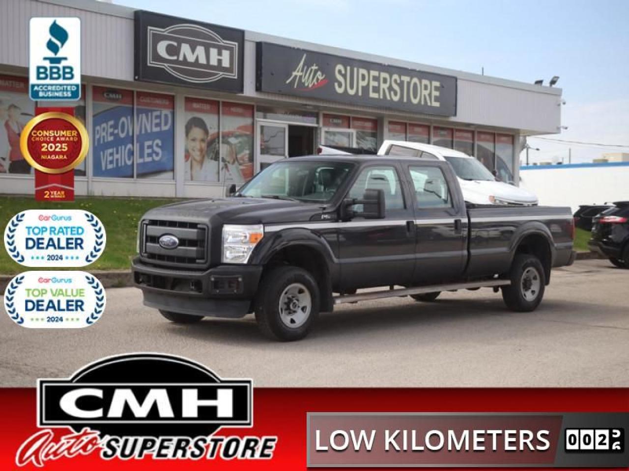 <b>LOW MILEAGE !! LONG BOX !! CREW 4X4 !! STEERING WHEEL CONTROLS, CRUISE CONTROL, VINYL FLOORS, FLOOR SHIFTER (4X4), LEATHER, BENCH FRONT SEAT, AUXILIARY SWITCHES, SPRAY LINER, PREMIUM SIDE STEPS, AIR CONDITIONING, 17-INCH STEEL WHEELS</b><br>  <br>CMH certifies that all vehicles meet DOUBLE the Ministry standards for Brakes and Tires<br><br> <br>    This  2015 Ford F-250 Super Duty is for sale today. <br> <br>The Ford Super Duty is Canadas workhorse. With over a century of experience, Ford has obsessively designed and engineered the best heavy-duty truck they can build and it shows. Whether youre on the road or on the worksite, the Super Duty gets the job done in comfort and style. High-quality materials inside and out make this truck as nice to be in as it is to look at. Work hard and play hard in this Ford Super Duty. This  Crew Cab 4X4 pickup  has 119,677 kms. Its  black in colour  and is major accident free based on the <a href=https://vhr.carfax.ca/?id=r1AHilcvXjqKMsPkFC0NiPkRqSLQ2YE9 target=_blank>CARFAX Report</a> . It has an automatic transmission and is powered by a  385HP 6.2L 8 Cylinder Engine. <br> To view the original window sticker for this vehicle view this <a href=http://www.windowsticker.forddirect.com/windowsticker.pdf?vin=1FT7W2B66FEB34811 target=_blank>http://www.windowsticker.forddirect.com/windowsticker.pdf?vin=1FT7W2B66FEB34811</a>. <br/><br> <br>To apply right now for financing use this link : <a href=https://www.cmhniagara.com/financing/ target=_blank>https://www.cmhniagara.com/financing/</a><br><br> <br/><br>Trade-ins are welcome! Financing available OAC ! Price INCLUDES a valid safety certificate! Price INCLUDES a 60-day limited warranty on all vehicles except classic or vintage cars. CMH is a Full Disclosure dealer with no hidden fees. We are a family-owned and operated business for over 30 years! o~o