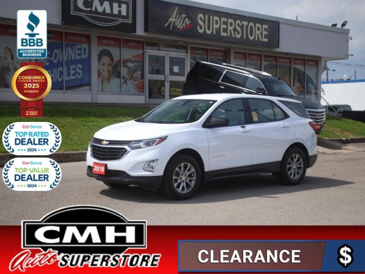 <b>ALL WHEEL DRIVE !! GREAT SERVICE HISTORY !! REAR CAMERA, APPLE CARPLAY, ANDROID AUTO, BLUETOOTH, TOUCH DISPLAY SCREEN, STEERING WHEEL CONTROLS, CRUISE CONTROL, HEATED SEATS, REMOTE START, PROXIMITY KEY, BUTTON START, 17-INCH ALLOY WHEELS</b><br>  <br>CMH certifies that all vehicles meet DOUBLE the Ministry standards for Brakes and Tires<br><br> <br>    This  2018 Chevrolet Equinox is for sale today. <br> <br>When Chevrolet designed the Equinox for the all-new 2018 model year, they got every detail just right. Its the perfect size, roomy without being too big. This compact SUV pairs eye-catching style with a spacious and versatile cabin thats been thoughtfully designed to put you at the centre of attention. This mid size crossover also comes packed with desirable technology and safety features. For a mid sized SUV, its hard to beat this Chevrolet Equinox. This  SUV has 93,019 kms. Its  white in colour  and is major accident free based on the <a href=https://vhr.carfax.ca/?id=GnDeXh3A/9O7Gey2hmY4qHK9kWiDtOAx target=_blank>CARFAX Report</a> . It has an automatic transmission and is powered by a  170HP 1.5L 4 Cylinder Engine. <br> <br> Our Equinoxs trim level is LS. This Equinox LS comes loaded with aluminum wheels, a 7 inch touchscreen display with Apple CarPlay and Android Auto, active aero shutters for better fuel economy and power heated side mirrors. It also has a remote engine start, heated front seats, a rear view camera, 4G WiFi capability, steering wheel with audio and cruise controls, Teen Driver technology, Bluetooth streaming audio, StabiliTrak electronic stability control and a split folding rear seat to make loading and unloading large objects a breeze! <br> <br>To apply right now for financing use this link : <a href=https://www.cmhniagara.com/financing/ target=_blank>https://www.cmhniagara.com/financing/</a><br><br> <br/><br>Trade-ins are welcome! Financing available OAC ! Price INCLUDES a valid safety certificate! Price INCLUDES a 60-day limited warranty on all vehicles except classic or vintage cars. CMH is a Full Disclosure dealer with no hidden fees. We are a family-owned and operated business for over 30 years! o~o