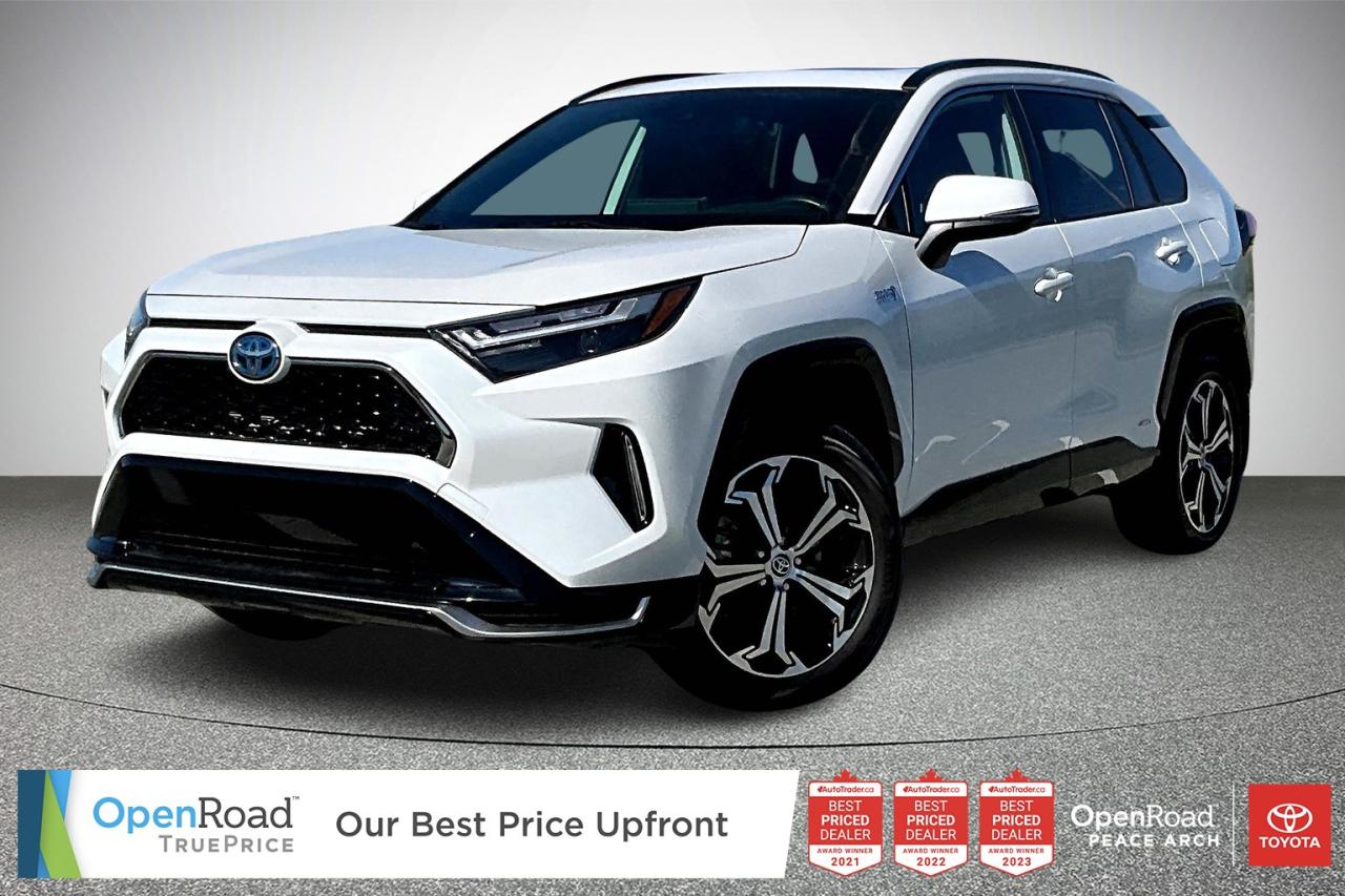 The 2023 Toyota RAV4 Prime XSE AWD is a plug-in hybrid SUV delivering a combined 302 horsepower from a 2.5L I-4 engine and dual electric motors. It offers an electric-only range of 68 km and a combined fuel efficiency of 6.0 L/100 km. The XSE trim features 19-inch wheels, a 10.5-inch touchscreen, wireless Apple CarPlay and Android Auto, and heated front and rear seats. Safety is enhanced with Toyota Safety Sense 2.5, including adaptive cruise control and lane departure warning. Additional amenities include a sunroof, wireless phone charging, and a towing capacity of 1,134 kg .   Have confidence with your OpenRoad purchase! Every OpenRoad Certified Pre-Owned vehicle comes fully reconditioned and complete with a comprehensive 153 point mechanical inspection, a CarFax history & lien report, a 3-Day Money Back Guarantee, a 30-Day/2,000 kms Exchange Policy, a 90-Day/5,000 kms Powertrain Warranty, guaranteed clear title, and membership to our exclusive Club OpenRoad! As a proud member of the OpenRoad Auto Group, a trusted name since 2000 serving the Lower mainland (including White Rock, Surrey, Langley, Maple Ridge, Delta, Richmond, Mission and beyond) with outstanding Toyota vehicles, Toyota parts, and Toyota service since 1966! OpenRoad Toyota Peace Arch is a “True Price” dealer, meaning no inflated prices, and no need for back and forth haggling! We use up to the minute technology offering LIVE MARKET VALUE PRICING to ensure you are receiving the most competitive price possible on all of our Pre-Owned vehicles!  All advertised vehicle prices do not include our $599 documentation fee.  Special Event Pricing of $52,689 applies if vehicle is financed or leased.  Cash price is $54,990.