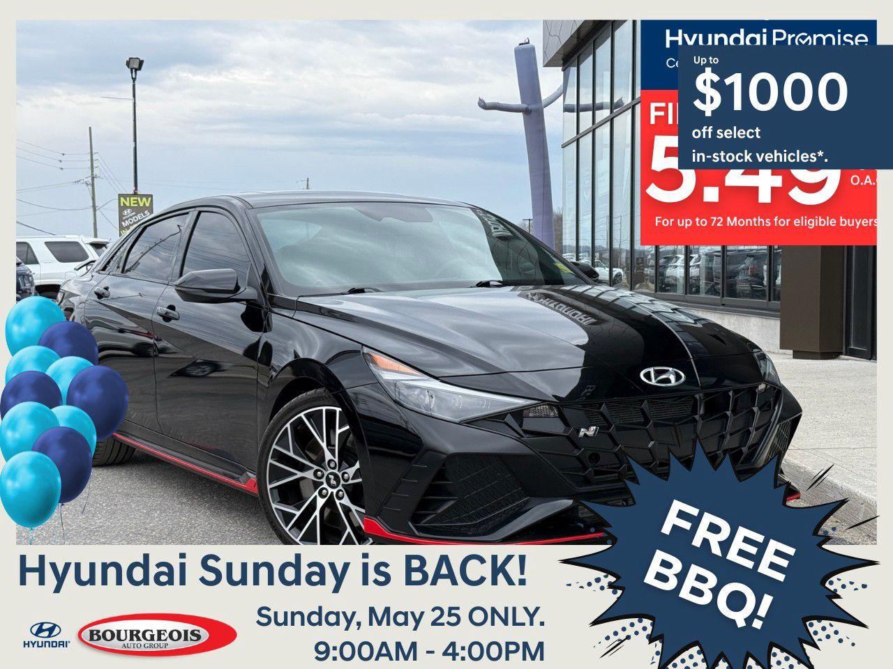 <p>Meet the captivating Black Hyundai Elantra N Manual, fashioned with a responsive front-wheel-drive (FWD) system designed for exceptional handling. It's crafted to make every drive a thrilling experience, powered by a robust 2.0L 4-cylinder engine delivering 276 horsepower at 5500 RPM.</p>  <p>This sedan offers striking exterior aesthetics with its sleek, black exterior and is complemented by an equally dynamic blue interior. Inside, enjoy superior comfort with heated seats that promise warmth and relaxation. The manual transmission enhances your control, making each maneuver more engaging and precise.</p>  <p>Equipped with a suite of advanced technologies, this Elantra N includes a cutting-edge navigation system that keeps you on track, while the integrated smart device integration ensures seamless connectivity. Safety is paramount with features like brake assist, lane assist, and parking sensors, not to mention the practical backup camera that makes reversing a breeze.</p>  <p>Perfectly suited for driving enthusiasts who appreciate the engagement of a manual transmission, this Elantra N combines comfort, style, and excitement. Ready to elevate your driving experience? Contact our dealership today to learn more and schedule your test drive.</p> <p><strong>Why Choose the Bourgeois Auto Group?</strong></p><p>For 80 years, Bourgeois Auto Group has been delivering exceptional automotive experiences. Our factor trained teams work to ensure you receive the shopping experience you deserve; whether you're looking for a new or new-to-you vehicle.</p><p>Shop 24/7 with our online showroom and chat service, ensuring convenience every step of the way. No hidden fees, full disclosure, and every pre-owned vehicle comes with a Carfax® report for peace of mind.</p><p>We offer a wide selection of pre-owned vehicles, all competitively priced using real-time market data. Get the best deal on your purchase and trade-in with our free Live Market Analysis report.</p><p>Looking to sell your car? We buy any make or modelno purchase required. Our simple to use online trade valuation tool will provide you with a clear, transparent selling experience whether you buy our car or not.</p><p>Backed by hundreds dedicated employees across 4 convenient locations, were here to meet all your automotive needs. Visit us in Midland or Parry Sound and explore our inventory or schedule your next service today.</p> <p><strong>Financing Your Next Vehicle with Bourgeois Midland Hyundai:</strong></p><p>At Bourgeois Midland Hyundai, we make financing your next vehicle simple and stress-free! Our team works with trusted lenders to find flexible options tailored to your budget. Drive away with confidenceapply today!</p><p>Take advantage of our online pre-qualification tool, backed by Equifax and TD Bank to find the payment that works for you. Simply <a href=https://www.bourgeoishyundai.com/pre-qualify-for-financing/ rel=nofollow><strong>CLICK HERE</strong></a> to use our secure online credit tool with no impact to your credit. </p>