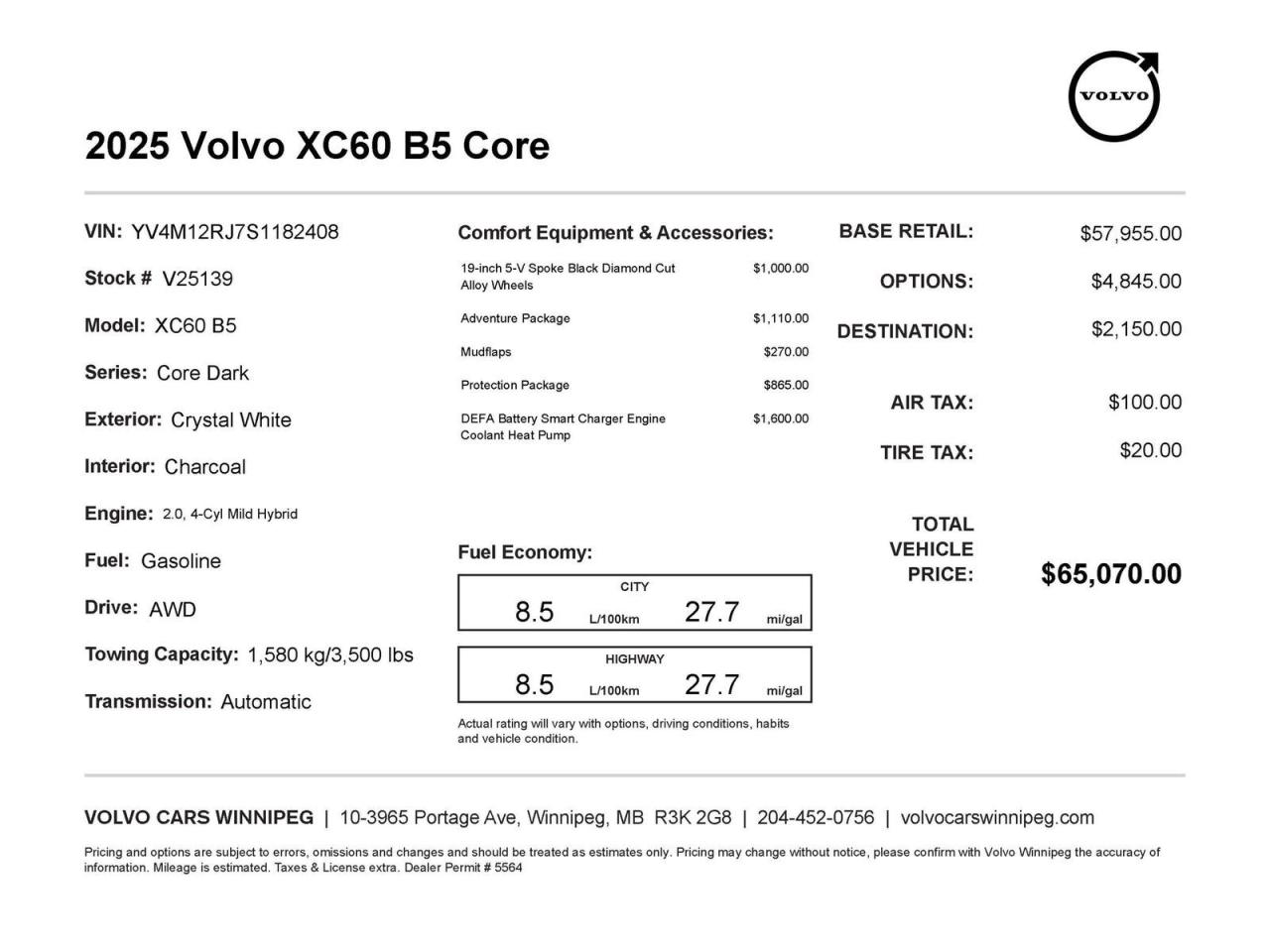 New 2025 Volvo XC60 Core Dark Theme for sale in Winnipeg, MB