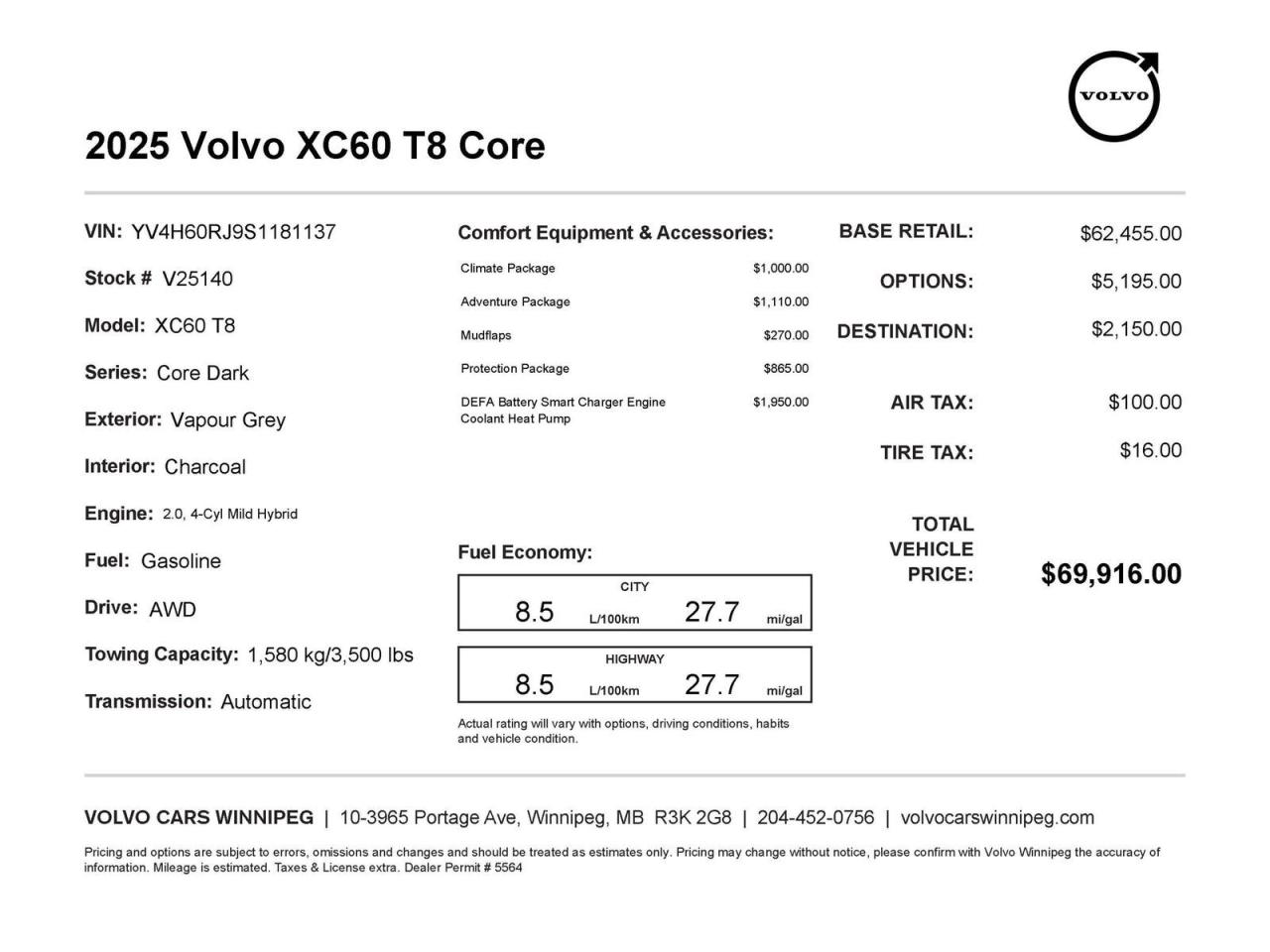 New 2025 Volvo XC60 Core Dark Theme for sale in Winnipeg, MB