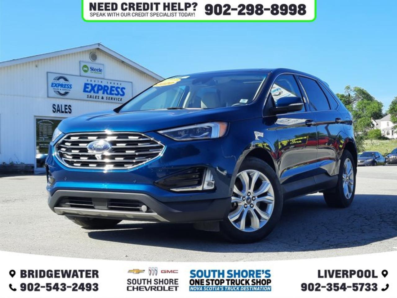 Recent Arrival! Green Metallic 2020 Ford Edge Titanium For Sale, Bridgewater AWD 8-Speed Automatic EcoBoost 2.0L I4 GTDi DOHC Turbocharged VCT Clean Car Fax, AWD, 12 Speakers, ABS brakes, Adaptive Cruise Control w/Stop & Go, Adaptive LED Headlamps, Air Conditioning, Alloy wheels, Auto-Dimming Drivers Sideview Mirror, Automatic temperature control, Brake assist, Cold Weather Package, Compass, Cooled Front Seats, Delay-off headlights, Driver door bin, Electronic Stability Control, Emergency communication system: SYNC 3 911 Assist, Enhanced Park Assist w/Parallel Park, Equipment Group 301A, Evasive Steering Assist, Front & Rear Floor Liners, Front 180-Degree Camera w/Split View & Washer, Front Bucket Seats, Front dual zone A/C, Front fog lights, Front Heated Perforated Leather Sport Bucket Seats, Front reading lights, Fully automatic headlights, Heated door mirrors, Heated front seats, Heated Rear Seats, Heated Steering Wheel, Illuminated entry, Knee airbag, Lane Centering, Low tire pressure warning, Outside temperature display, Overhead console, Panoramic Vista Roof, Passenger vanity mirror, Power door mirrors, Power driver seat, Power Liftgate, Power passenger seat, Power steering, Power windows, Rear window defroster, Rear window wiper, Remote keyless entry, Security system, Speed control, Speed-Sensitive Wipers, Steering wheel memory, Tachometer, Tilt steering wheel, Traction control, Trip computer, Variably intermittent wipers, Voice-Activated Touchscreen Navigation System, Windshield Wiper De-Icer. Reviews: * Owners say they appreciate the easy-to-use technology and enjoy a comfortable drive in most conditions. Expect a pleasing punch from the 2.7L engine, which sportier drivers seem to enjoy. The updated infotainment system is easy to learn, even for first-time touchscreen users. Source: autoTRADER.ca