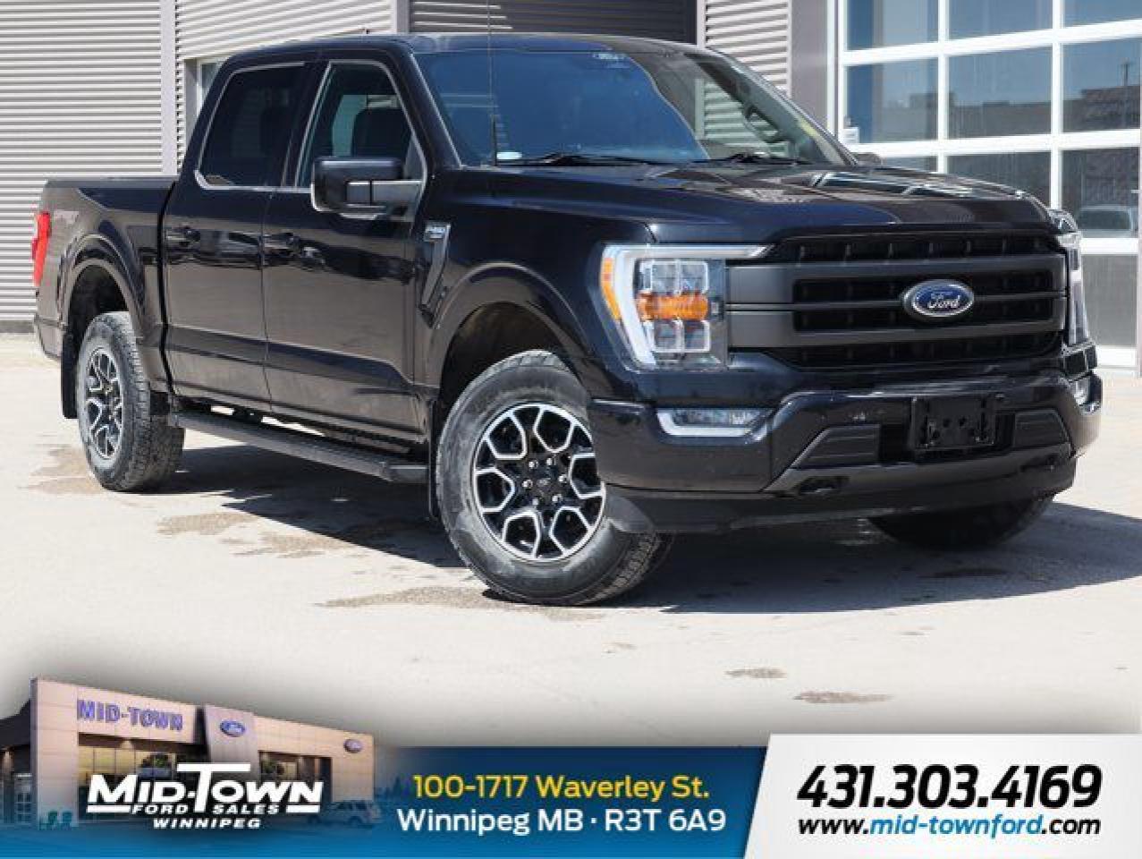 Recent Arrival!<br /><br />| One Owner, | Local Trade, | Clean Carfax, | Non Smoker, | Apple Carplay, | Android Auto, 4WD, 4-Wheel Disc Brakes, 8 Speakers, ABS brakes, Accent-Colour Angular Step Bar, Adjustable pedals, Air Conditioning, AM/FM radio: SiriusXM with 360L, Auto High-beam Headlights, Auto Start-Stop Removal, Auto-dimming Rear-View mirror, Automatic temperature control, Block heater, Body-Colour Door Handles w/Body-Colour Bezel, Body-Colour Front & Rear Bumpers, Box Side Decal, Brake assist, Chrome Single-Tip Exhaust, Class IV Trailer Hitch Receiver, Compass, Connected Built-In Navigation, Dark 2-Bar & 1 Minor Bar Style Grille, Delay-off headlights, Driver door bin, Driver vanity mirror, Dual front impact airbags, Dual front side impact airbags, Electronic Locking w/3.55 Axle Ratio, Electronic Stability Control, Emergency communication system: SYNC 4 911 Assist, Equipment Group 501A Standard, Exterior Parking Camera Rear, Front anti-roll bar, Front Bucket Seats, Front dual zone A/C, Front fog lights, Front reading lights, Front wheel independent suspension, Fully automatic headlights, Garage door transmitter, GVWR: 2,994 kg (6,600 lb) Payload Package, Heated door mirrors, Heated front seats, Illuminated entry, Lariat Sport Appearance Package, Low tire pressure warning, Memory seat, Navigation System, Navigation system: Connected Navigation, Occupant sensing airbag, Outside temperature display, Overhead airbag, Overhead console, Panic alarm, Passenger door bin, Passenger vanity mirror, Pedal memory, Power door mirrors, Power driver seat, Power passenger seat, Power steering, Power Tailgate, Power windows, Pro Trailer Backup Assist, Radio data system, Radio: B&O Sound System by Bang & Olufsen, Rear reading lights, Rear step bumper, Rear window defroster, Remote keyless entry, Security system, Speed control, Speed-sensing steering, Split folding rear seat, Steering wheel mounted audio controls, SYNC 4 w/Enhanced Voice Recognition, Tachometer, Telescoping steering wheel, Tilt steering wheel, Tough Bed Spray-In Bedliner, Traction control, Tray Style Floor Liner (47W), Trip computer, Turn signal indicator mirrors, Twin Panel Moonroof, Variably intermittent wipers, Ventilated front seats, Voltmeter, Wheels: 18 6-Spoke Machined-Aluminum.<br /><br />Agate Black Metallic 2022 Ford F-150 Lariat CLEAN CAR FAX, LOCAL TRADE, ONE OWNER 4WD 2.7L V6 EcoBoost 10-Speed Automatic<br /><br /><br />For further information please contact MidTown Ford sales department directly at 204-284-7650. Dealer #9695.