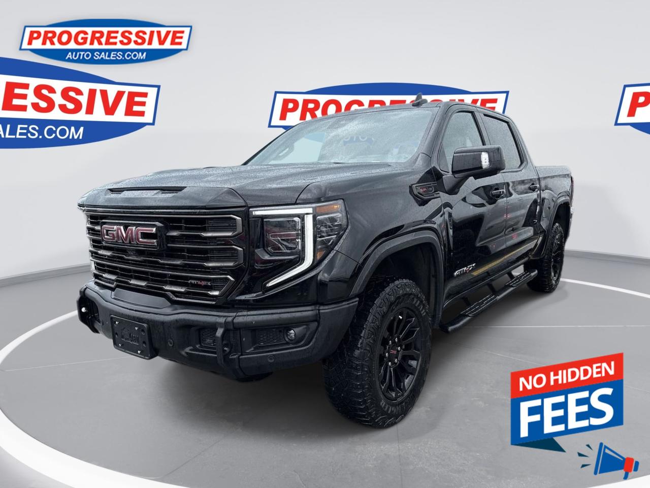 <b>Head Up Display,  Sunroof,  Off Road Suspension,  Bose Premium Audio,  Leather Seats!</b><br> <br>    Capable on road, relentless off road and completely composed when hauling a load, this professional grade GMC Sierra 1500 is easily the best work and leisure truck you could own. This  2023 GMC Sierra 1500 is for sale today. <br> <br>This redesigned GMC Sierra 1500 stands out against all other pickup trucks, with sharper, more powerful proportions that creates a commanding stance on and off the road. Next level comfort and technology is paired with its outstanding performance and capability. Inside, the Sierra 1500 supports you through rough terrain with expertly designed seats and a pro grade suspension. Inside, youll find an athletic and purposeful interior, designed for your active lifestyle. Get ready to live like a pro in this amazing GMC Sierra 1500! This  Regular Cab 4X4 pickup  has 64,199 kms. Its  black in colour  . It has an automatic transmission and is powered by a  smooth engine. <br> <br> Our Sierra 1500s trim level is AT4X. Taking your off road adventures to the max, this highly capable GMC Sierra 1500 AT4X comes fully loaded with an upgraded off-road suspension that features Multimatic DSSV spool-valve dampers and underbody skid plates, full grain leather seats with authentic Vanta Ash wood trim, exclusive aluminum wheels, body-coloured exterior accents and a massive 13.4 inch touchscreen display that features wireless Apple CarPlay and Android Auto, 12 speaker Bose premium audio system, SiriusXM, and a 4G LTE hotspot. Additionally, this amazing pickup truck also features a power sunroof, spray-in bedliner, wireless device charging, IntelliBeam LED headlights, remote engine start, forward collision warning and lane keep assist, a trailer-tow package with hitch guidance, LED cargo area lighting, heads up display, heated and cooled seats with massage function, ultrasonic parking sensors, an HD surround vision camera plus so much more! This vehicle has been upgraded with the following features: Head Up Display,  Sunroof,  Off Road Suspension,  Bose Premium Audio,  Leather Seats,  Cooled Seats,  Skid Plates. <br> <br>To apply right now for financing use this link : <a href=https://www.progressiveautosales.com/credit-application/ target=_blank>https://www.progressiveautosales.com/credit-application/</a><br><br> <br/><br><br> Progressive Auto Sales provides you with the all the tools you need to find and purchase a used vehicle that meets your needs and exceeds your expectations. Our Sarnia used car dealership carries a wide range of makes and models for exceptionally low prices due to our extensive network of Canadian, Ontario and Sarnia used car dealerships, leasing companies and auction groups. </br>

<br> Our dealership wouldnt be where we are today without the great people in Sarnia and surrounding areas. If you have any questions about our services, please feel free to ask any one of our staff. If you want to visit our dealership, you can also find our hours of operation and location information on our Contact page. </br> o~o