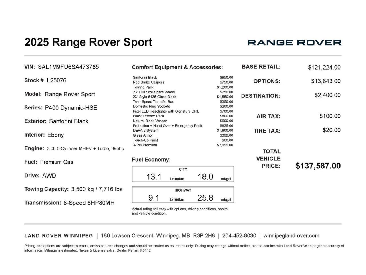 New 2025 Land Rover Range Rover Sport Dynamic HSE Plus GST. PST, FLT for sale in Winnipeg, MB
