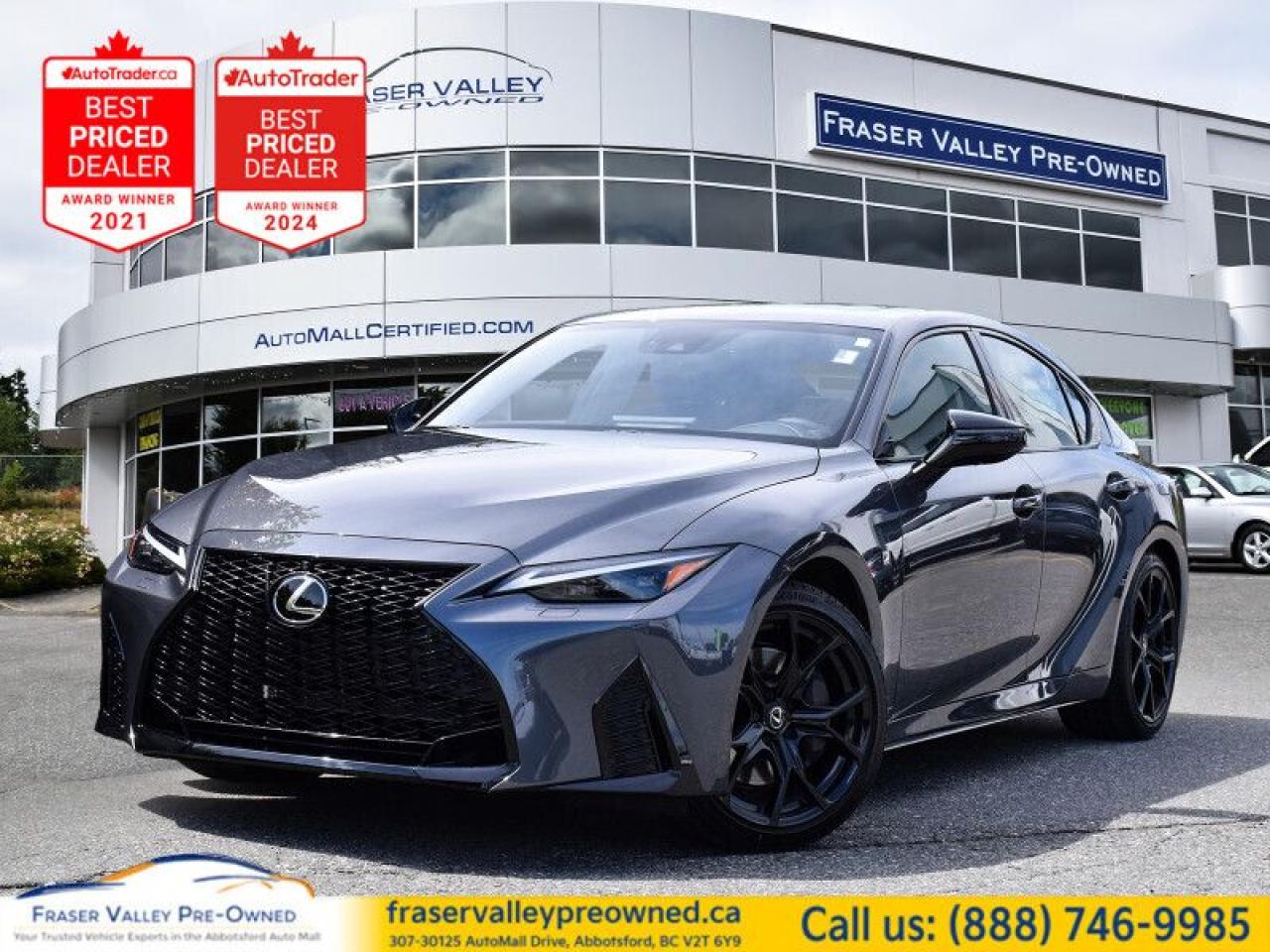 One Owner, Low Mileage!
 
 Wow! Fraser Valley Pre-Owned is proud to offer this ultra-rare 2025 Lexus IS350 F-Sport 3, meticulously factory-ordered to perfection! To take this vehicle over the top, its dressed in the ultra-premium Cloudburst Grey Exterior Paint, paired with a sleek Black F-Sport NuLuxe leather interior.
 
This IS350 F-Sport 3 is fully loaded with every available feature on this model, delivering a true luxury and performance experience. Key highlights include:
- All-wheel drive (AWD) for confident handling in all conditions
- Panoramic Wide-Screen 360 Degree Camera for those tight parking spots and off-road views
- Adaptive Suspension for a smooth yet sporty ride
- 19-inch Forged BBS Alloy Wheels for style and strength
- 17-Speaker Mark Levinson Sound System for the ultimate audio experience
- Sport+ Mode for dynamic driving performance
- Premium Triple-Beam LED Headlamps for bright, efficient visibility
- 10.3-inch Widescreen Wireless Navigation System for easy, modern routing
- Apple CarPlay and Android Auto for seamless smartphone connectivity
- Heated and Cooled Seats for year-round comfort
- Heated Steering Wheel for cold mornings
- Lane Tracing Assist and Lane Departure Warning for proactive safety support
- Remote Engine Start for convenience
- Adaptive Cruise Control for relaxed highway driving
- Power Moonroof for an open-air feel
- Rain Sensing Windshield Wipers for improved visibility during weather changes
- Lane Keeping Assist, Rear Collision Mitigation, Evasion Assist, Front Collision Mitigation, and Cross-Traffic Alerta comprehensive suite of driver safety features
- Automatic High Beams and Blind Spot Monitor for added safety and peace of mind
- Brake Assist and many more premium upgrades!
 
This Lexus IS350 F-Sport 3 is a once-in-a-lifetime opportunity to own a factory-ordered, fully loaded, ultra-rare luxury sports sedan. Dont miss outcontact our Sales and Finance team or apply for pre-approval today, and experience the pinnacle of Lexus performance and luxury!
 

 
 
To apply right now for financing use this link : https://www.fraservalleypreowned.ca/abbotsford-car-loan-application-british-columbia
 
 

| Our Quality Guarantee: We maintain the highest standard of quality that is required for a Pre-Owned Dealership to operate in an Auto Mall. We provide an independent 360-degree inspection report through licensed 3rd Party mechanic shops. Thus, our customers can rest assured each vehicle will be a reliable, and responsible purchase.  |  Purchase Disclaimer: Your selected vehicle may have a differing finance and cash prices. When viewing our vehicles on third party  marketplaces, please click over to our website to verify the correct price for the vehicle. The Sale Price on third party websites will always reflect the Finance Price of our vehicles. If you are making a Cash Purchase, please refer to our website for the Cash Price of the vehicle.  | All prices are subject to and do not include, a $995 Finance Fee, and a $995 Document Fee.   These fees as well as taxes, are included in all listed listed payment quotes. Please speak with Dealer for full details and exact numbers.  o~o