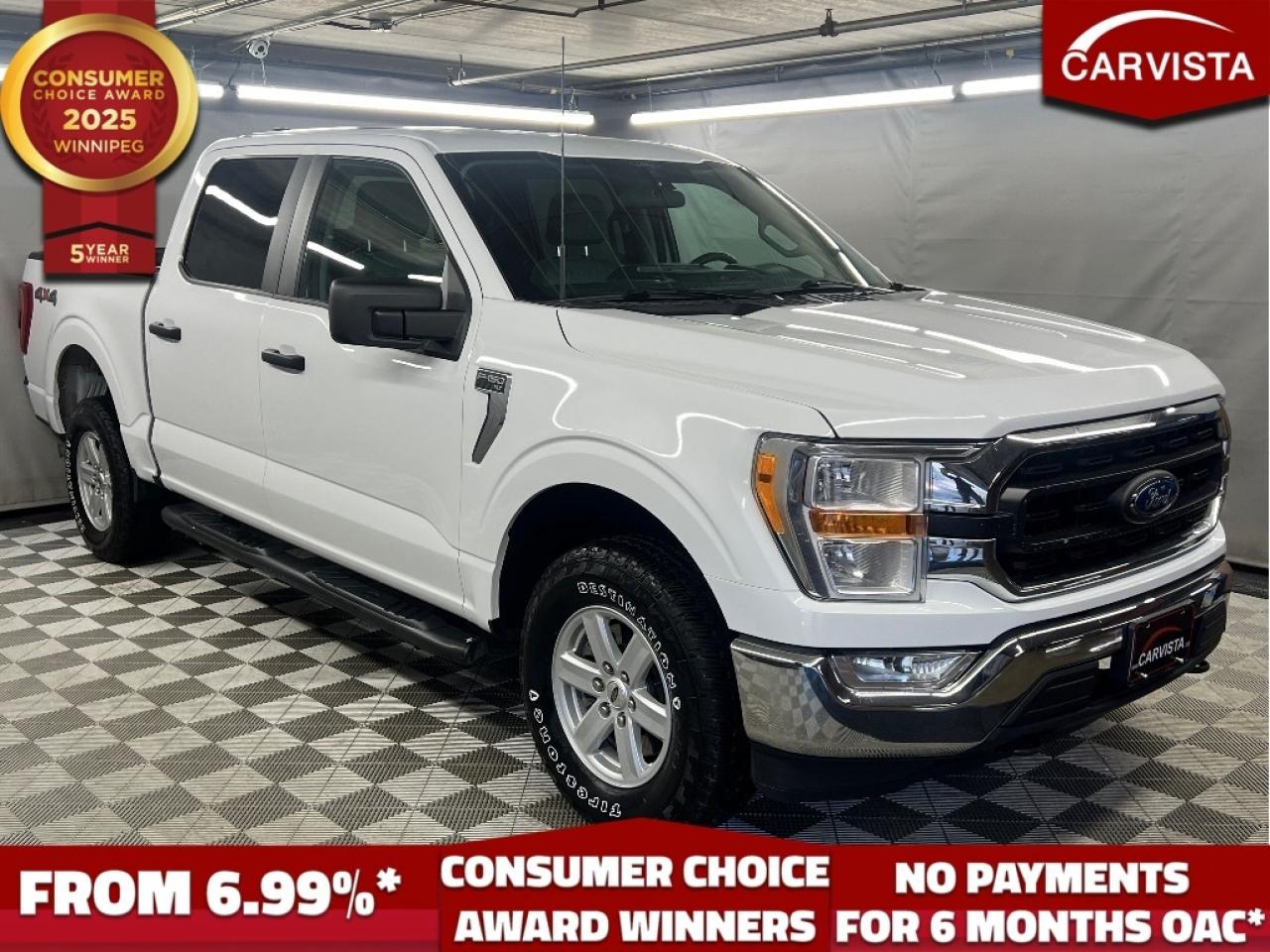 CONSECUTIVE COMSUMER CHOICE AWARD WINNERS FOR OUTSTANDING BUSINESS! LOW DEALER FINANCING RATES*, NO PAYMENTS FOR 6 MONTHS*! 

BLUETOOTH HANDSFREE, ANDROID/APPLE CARPLAY, REVERSE CAMERA, BLIND SPOT MONITORING, 6 PASSENGER, TOW PACKAGE, DROP IN BED LINER, CREW CAB, NO ACCIDENTS, 1 OWNER

Available now is a 2022 Ford F-150 XLT 4x4 in excellent condition, offering the perfect blend of power, technology, and reliability. This truck has had just one owner since new and has never been involved in any accidents, with a clean history that reflects responsible care and maintenance. Under the hood, it features a dependable 3.3L V6 engine that delivers strong, consistent performance whether youre commuting, towing, or tackling weekend projects. The 4x4 drivetrain provides added confidence and traction in all weather conditions, making it an ideal choice for both work and play.

Inside, the F-150 XLT offers a modern, comfortable cabin with the technology to match. It comes equipped with seamless Android Auto and Apple CarPlay integration, allowing easy access to your apps, music, and navigation. Safety and convenience are also front and center, with features like blind spot monitoring and a reverse camera that provide added awareness and peace of mind while driving or parking. With its solid build quality, versatile capability, and clean one owner history, this 2022 Ford F-150 XLT 4x4 is ready for whatever the road or trail has in store.

5 years running, consecutive receivers of the prestigious Consumer Choice Award in 2021, 2022, 2023, 2024 and 2025! Low rate dealer arranged financing available! 
At Carvista we offer a unique buying experience, with no deceiving finance gimmicks and trades are welcome but not required! Carvista is a family operated business that has been in business for over 25 years, and has earned a A+ BBB Accreditation and outstanding consumer accolades Offering 175 quality pre-owned vehicles, all are certified and Carfax verified, most with remaining factory warranty and a modern facility located on Winnipegs Regent Ave strip We welcome you to visit us at 1201 Regent Ave W, at Carvista, and drive away in a like new vehicle for less In many cases we can offer no payments for 6 months! Dont let your trade or credit stop you, we accept any kind, any time CARVISTA.CA, "Where the deals are"
 Prices and payments exclude GST OR PST Carvista Inc. 
Dealer Permit # 1211, Category: Used Vehicle 
Please verify all ad details with a Carvista sales person, vehicle may not be exactly as shown.