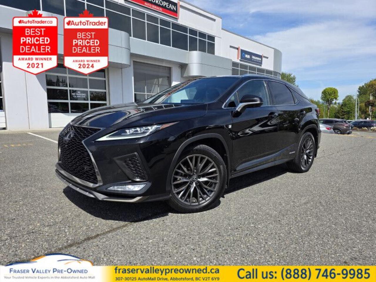 Fraser Valley Pre-Owned is proud to offer this exceptional 2020 Lexus RX450h F-Sport 3, loaded with every luxury feature and performance upgrade you can expect from a top-of-the-line Lexus. This SUV has a very clean history with no accidents, damages, or insurance claims, and has been lovingly maintained with nearly 50 service records, clearly demonstrating the previous owner’s devotion to this vehicle.
 
This RX450h F-Sport 3 comes fully equipped with:
- F-Sport 3 Package for sporty styling and handling
- Heads-Up Display for vital information without distraction
- 15-Speaker Mark Levinson Ultra Premium Sound System for concert-quality audio
- Panoramic Moonroof providing stunning open-air enjoyment
- Heated and Cooled Leather Seats
- Widescreen Navigation System for effortless route guidance
- Hands-Free Liftgate for convenient cargo access
- Wireless Charging pad for easy device power
- Panoramic View Monitor to enhance visibility and safety
- Power Folding Rear Seats for flexible cargo and passenger arrangements
- 12.3-inch Multi-vision Display providing comprehensive vehicle and navigation info
- Premium LED Lighting with Fog and Cornering Lamps for excellent visibility in all conditions
- F Sport Exclusive Grille and Badging emphasizing the sporty character
- F Sport Seats for superior support and style
- Paddle Shifters for a more engaging driving experience
- Adaptive Air Suspension for comfort and adaptability
- F Sport Instrumentation and Steering Wheel with sportier feel and look
- Rain-Sensing Windshield Wipers
- Rearview Camera and Auto-Dimming Rearview and Side Mirrors
- Blind Spot Monitor and Pre-Collision System
- Lane Departure Alert and Adaptive Cruise Control
- Automatic Highbeams
+ much, much, more!
 
This Lexus RX450h F-Sport 3 is a perfect blend of luxury, safety, and spirited performance, representing the pinnacle of Lexus’s hybrid innovation. Don’t miss your chance—contact our Sales and Finance team or apply for pre-approval today to own this outstanding SUV!
 
To apply right now for financing use this link : https://www.fraservalleypreowned.ca/abbotsford-car-loan-application-british-columbia
 
 

| Our Quality Guarantee: We maintain the highest standard of quality that is required for a Pre-Owned Dealership to operate in an Auto Mall. We provide an independent 360-degree inspection report through licensed 3rd Party mechanic shops. Thus, our customers can rest assured each vehicle will be a reliable, and responsible purchase.  |  Purchase Disclaimer: Your selected vehicle may have a differing finance and cash prices. When viewing our vehicles on third party  marketplaces, please click over to our website to verify the correct price for the vehicle. The Sale Price on third party websites will always reflect the Finance Price of our vehicles. If you are making a Cash Purchase, please refer to our website for the Cash Price of the vehicle.  | All prices are subject to and do not include, a $995 Finance Fee, and a $995 Document Fee.   These fees as well as taxes, are included in all listed listed payment quotes. Please speak with Dealer for full details and exact numbers.  o~o