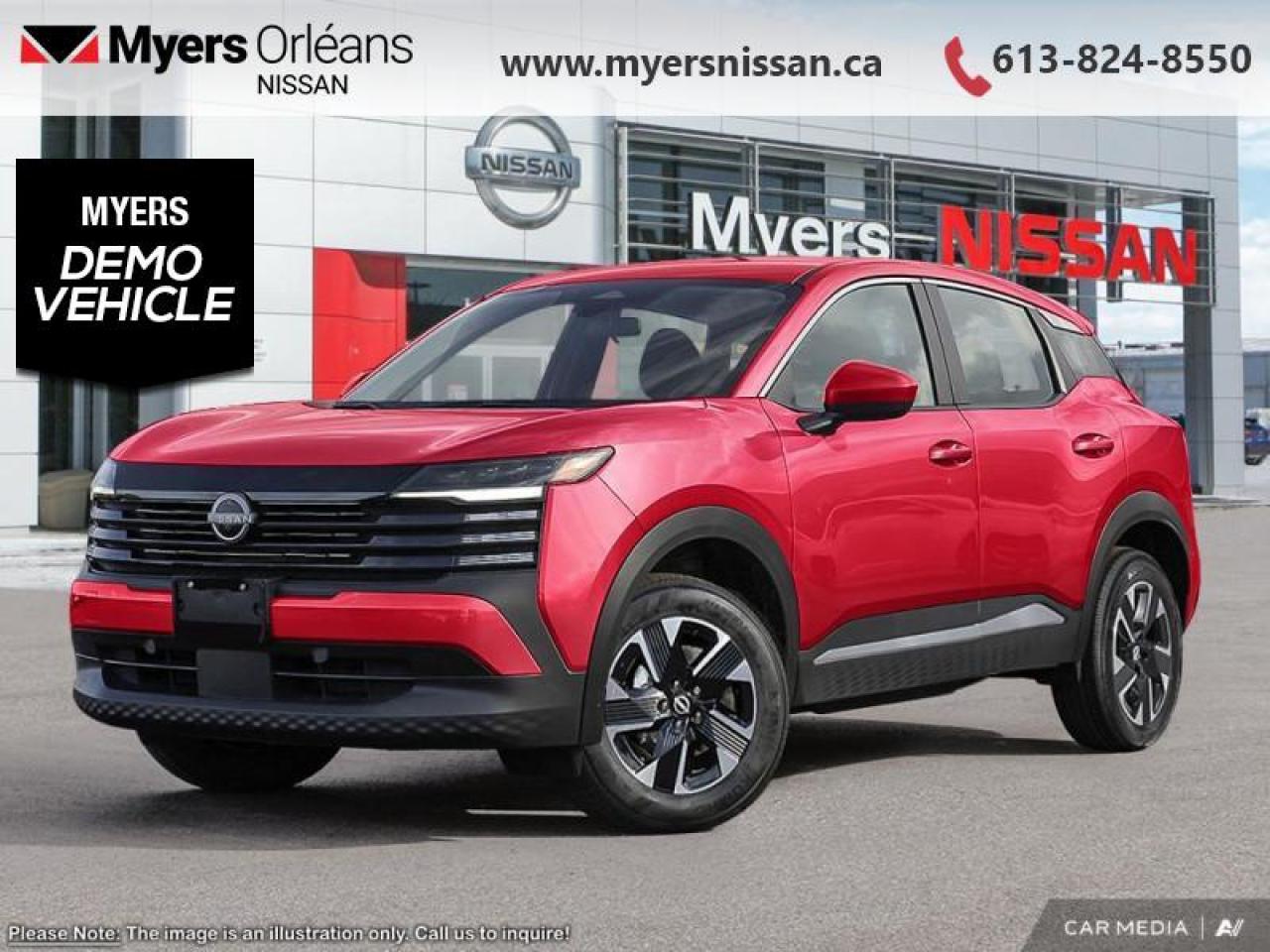 <b>Heated Seats,  Wireless Charging,  Heated Steering Wheel,  Remote Start,  Blind Spot Detection!</b><br> <br> <br> <br>  Style meets tech in this nimble and spirited 2025 Kicks. <br> <br>This Kicks did not take any shortcuts, but it is offering you a shortcut to possibility. Make the most of every day with intelligent features that help you express your personal style and feel your playlist with the incredible infotainment system. It really is time you put you first, and this 2025 Kicks is here for it.<br> <br> This scarlet ember tintcoat SUV  has an automatic transmission and is powered by a  141HP 2.0L 4 Cylinder Engine.<br> <br> Our Kickss trim level is SV. Standard features include a heated steering wheel with heated front seats, wireless charging, remote engine start, blind spot warning, lane departure warning, collision mitigation, and rear parking sensors. Also standard is a 12.3-inch infotainment screen with wireless Apple CarPlay and Android Auto, and SiriusXM satellite radio. This vehicle has been upgraded with the following features: Heated Seats,  Wireless Charging,  Heated Steering Wheel,  Remote Start,  Blind Spot Detection,  Lane Departure Warning,  Apple Carplay.  This is a demonstrator vehicle driven by a member of our staff, so we can offer a great deal on it.<br><br> <br/>    0% financing for 24 months. 3.49% financing for 84 months. <br> Payments from <b>$465.30</b> monthly with $0 down for 84 months @ 3.49% APR O.A.C. ( Plus applicable taxes -  $621 Administration fee included. Licensing not included.    ).  Incentives expire 2025-07-31.  See dealer for details. <br> <br> <br>LEASING:<br><br>Estimated Lease Payment: $434/m <br>Payment based on 3.99% lease financing for 60 months with $0 down payment on approved credit. Total obligation $26,071. Mileage allowance of 16,000 KM/year. Offer expires 2025-07-31.<br><br><br>We are proud to regularly serve our clients and ready to help you find the right car that fits your needs, your wants, and your budget.And, of course, were always happy to answer any of your questions.Proudly supporting Ottawa, Orleans, Vanier, Barrhaven, Kanata, Nepean, Stittsville, Carp, Dunrobin, Kemptville, Westboro, Cumberland, Rockland, Embrun , Casselman , Limoges, Crysler and beyond! Call us at (613) 824-8550 or use the Get More Info button for more information. Please see dealer for details. The vehicle may not be exactly as shown. The selling price includes all fees, licensing & taxes are extra. OMVIC licensed.Find out why Myers Orleans Nissan is Ottawas number one rated Nissan dealership for customer satisfaction! We take pride in offering our clients exceptional bilingual customer service throughout our sales, service and parts departments. Located just off highway 174 at the Jean DÀrc exit, in the Orleans Auto Mall, we have a huge selection of New vehicles and our professional team will help you find the Nissan that fits both your lifestyle and budget. And if we dont have it here, we will find it or you! Visit or call us today.<br> Come by and check out our fleet of 30+ used cars and trucks and 130+ new cars and trucks for sale in Orleans.  o~o