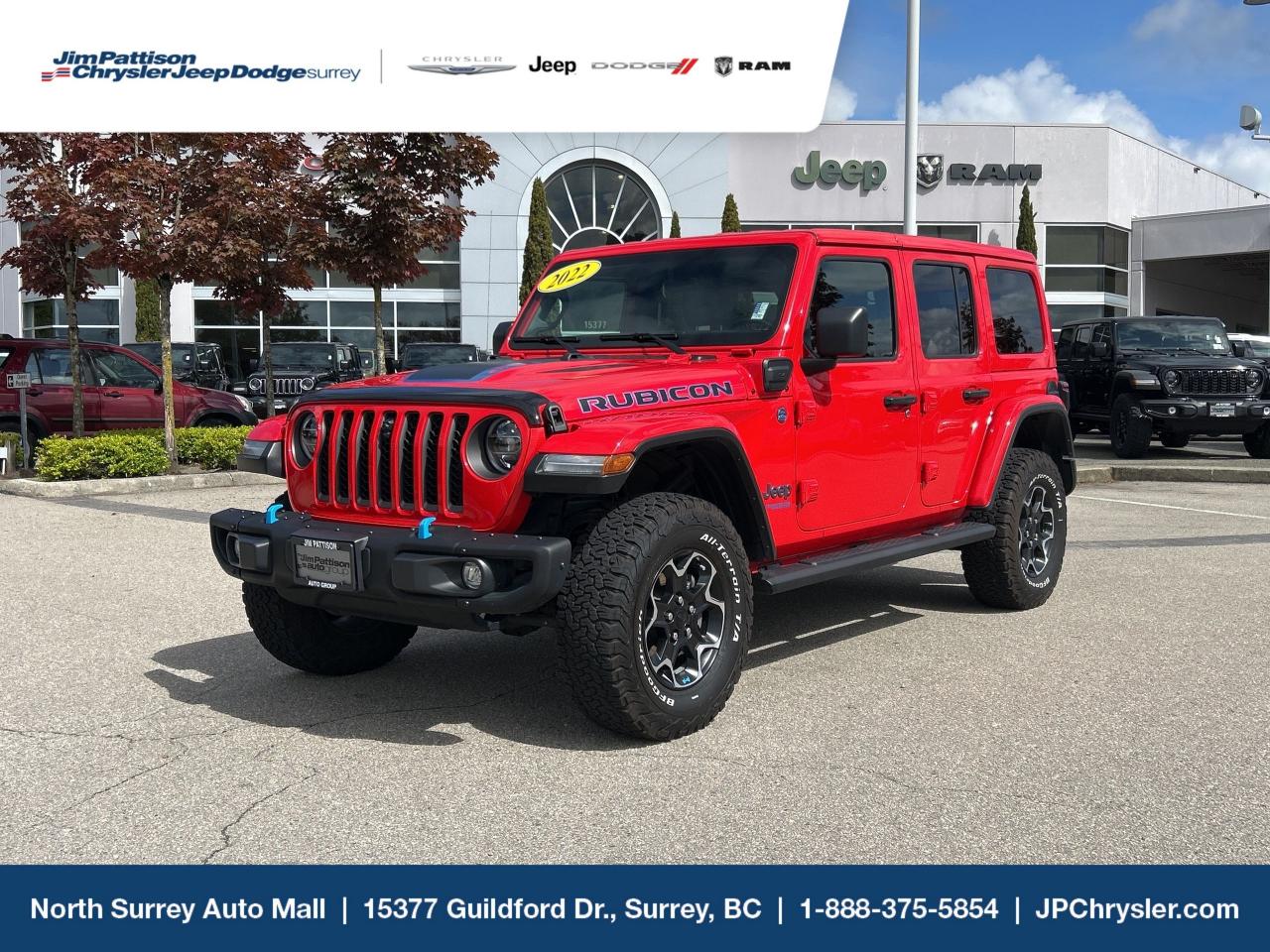 2022 Jeep Wrangler Unlimited Rubicon 4xe  Plug-In Hybrid Adventure

Experience the perfect blend of legendary off-road capability and modern efficiency with the 2022 Jeep Wrangler Unlimited Rubicon 4xe. This plug-in hybrid SUV combines rugged performance with eco-friendly technology, making it ideal for both city commutes and off-road adventures.

Key Features:

Powertrain: 2.0L turbocharged inline-4 engine paired with two electric motors, delivering a combined 375 horsepower and 470 lb-ft of torque. 

Transmission: 8-speed automatic transmission for smooth and responsive shifting.

Drivetrain: Rock-Trac® full-time 4x4 system with a 4:1 low gear ratio, Tru-Lok® electronic locking differentials, and an electronic front sway bar disconnect for enhanced off-road performance.

Towing Capacity: Up to 3,500 lbs (1,588 kg), suitable for small trailers and recreational equipment.

Interior Comfort: Premium cloth seats with Rubicon embroidery, dual-zone automatic climate control, and a leather-wrapped steering wheel.

Technology: Uconnect® 4C NAV with 8.4-inch touchscreen, Apple CarPlay® and Android Auto integration, Alpine® premium audio system, and integrated navigation.

Safety Features: Blind-spot monitoring, rear cross-path detection, ParkSense® rear park assist system, and a rear backup camera.

This 2022 Jeep Wrangler Unlimited Rubicon 4xe offers a unique combination of eco-friendly driving and uncompromised off-road capability. Whether youre navigating urban streets or exploring rugged trails, this vehicle is ready for the challenge.

Price does not include $899 documentation, $599 used car finance placement fee and taxes. D#30394 Call 1-877-868-1775! Financing available OAC.