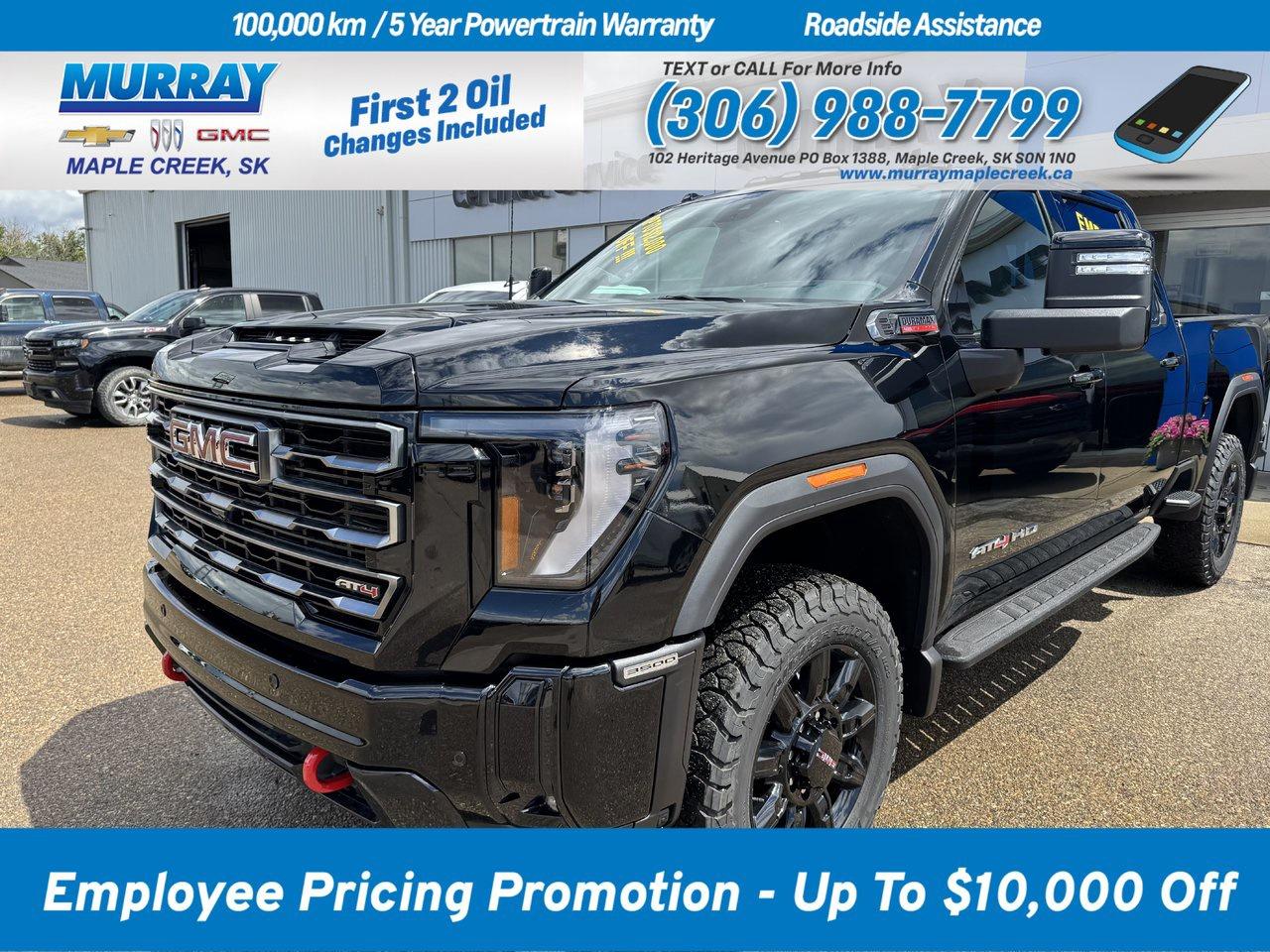 Ready to make a bold statement, our Diesel driven 2025 GMC Sierra 3500 AT4 Crew Cab 4X4 is where Pro Grade capability meets premium comfort in Onyx Black! Motivated by a TurboCharged 6.6 Liter DuraMax Diesel V8 offering 470hp and 975lb-ft of torque to a 10 Speed Allison Automatic transmission for getting to work where the pavement ends. This Four Wheel Drive truck also boasts an off-road suspension with hill-descent control and a 2-speed transfer to help handle difficult terrain with calm confidence. Advanced style and functionality come into the picture with our Sierras LED lighting, protective skid plates, MultiPro tailgate, 20-inch alloy wheels, spray-on bedliner, power-folding trailer mirrors, and a receiver hitch with wiring harness. You are going to love our AT4 cabin, which is outfitted for severe duty with heated/ventilated leather power front and heated rear seats, a heated-wrapped steering wheel, dual-zone automatic climate control, and remote start. Those impressive luxuries complement sophisticated technologies, too: A 13.4-inch touchscreen, 12.3-inch driver display, Google Built-In, wireless Apple CarPlay/Android Auto, WiFi compatibility, Bluetooth, and Bose audio are all standard! Staying safe is mandatory, so GMC ensures youre well-protected by HD surround vision, automatic braking, trailer-capable blind-spot monitoring, lane-departure warning, hitch view/guidance, hill-start assistance, trailer sway control, and more. A mighty workhorse, our Sierra 3500 AT4 is made to do better! Save this Page and Call for Availability. We Know You Will Enjoy Your Test Drive Towards Ownership!