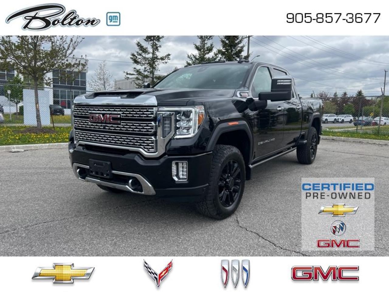 <b>CERTIFIED PRE-OWNED - FINANCE @ 4.99%<br>**BLACK DIAMOND EDITION**<br>BACK RACK + TONN COVER<br><br>Cooled Seats, Wireless Charging, Navigation, Leather Seats, Premium Audio, Power Pedals, Apple CarPlay, Android Auto, LED Lights, Aluminum Wheels, Remote S</b><br>  Our sales staff will help you find that used vehicle you have been looking for - come see us today!<br> <br>   This GMC Sierra HD brings next level utility and style in a Professional Grade package. This  2023 GMC Sierra 2500HD is fresh on our lot in Bolton. <br> <br>This GMC Sierra HD is here to change trucks forever. With useful features designed to make your work day easier, along with professional grade comforts, youll never want to go back. Experience professional grade capability and next level comfort over rough terrain with its expertly designed seats and pro grade suspension. This GMC Sierra 2500HD is strong enough to get the job done no matter the conditions, while remaining comfortable and stylish enough to be the family adventure vehicle. This  sought after diesel Crew Cab 4X4 pickup  has 58,788 kms. Its  black in colour  . It has an automatic transmission and is powered by a  445HP 6.6L 8 Cylinder Engine. <br> <br> Our Sierra 2500HDs trim level is Denali. This top of the line Sierra 2500HD Denali is the ultimate 3/4 ton truck as it comes loaded with luxurious features such as leather cooled seats, power adjustable pedals with memory settings, a heavy-duty suspension, lane departure warning, forward collision alert, exclusive aluminum wheels and exterior styling, signature LED lighting, a large touchscreen with navigation, wireless Apple CarPlay, Android Auto and 4G LTE capability. Additionally, this truck also comes with a leather wrapped steering wheel with audio controls, wireless charging, Bose premium audio, remote engine start, a CornerStep rear bumper and cargo tie downs hooks with LED box lighting and a ProGrade trailering system with hitch guidance and an integrated brake controller.<br> <br>To apply right now for financing use this link : <a href=http://www.boltongm.ca/?https://CreditOnline.dealertrack.ca/Web/Default.aspx?Token=44d8010f-7908-4762-ad47-0d0b7de44fa8&Lang=en target=_blank>http://www.boltongm.ca/?https://CreditOnline.dealertrack.ca/Web/Default.aspx?Token=44d8010f-7908-4762-ad47-0d0b7de44fa8&Lang=en</a><br><br> <br/>This vehicle has met our highest standard and has been put through the GM certification process by our GM trained technicians. Our GM Certified used vehicles go thru an extensive 150 + point inspection and are reconditioned back to near new condition. Each vehicle comes with a minimum of a 3 month, 5000 KM warranty or the balance of the factory warranty (whichever is longer) with 24 hour roadside assistance. They also come with satisfaction guaranteed; a 30 day or 2500 km exchange privilege if you are not completely satisfied. And thats standard. If your budget permits, you can extend or upgrade to an even more comprehensive Certified Pre-Owned Vehicle Protection Plan. Youll also appreciate the convenience of being able to transfer any existing warranties to a new owner, should you ever decide to sell your Certified Pre-Owned Vehicle. If you are a student or recently graduated, you may also qualify for an additional $500 discount when a used GM vehicle is purchased.  For more information, please call any of our knowledgeable used vehicle staff at 877-335-7544.<br> <br/><br>Call 1-877-626-5866 NOW before this vehicle is sold!!! 
*No Hassles, No Haggles, No Admin Fees,* *JUST OUR BEST PRICE, FIRST*!!!
*** GOOD CREDIT, BAD CREDIT, NO CREDIT, LET OUR FINANCE MANAGERS SHOW YOU THE DIFFERENCE THAT BUYING FROM BOLTON GM WILL MAKE, WE SPECIALIZE IN REBUILDING YOUR CREDIT!!!!*** 
Bolton GM is Only 15 minutes from Hwy 9, 400, 427 and 410
See our complete inventory at www.boltongm.ca
 o~o