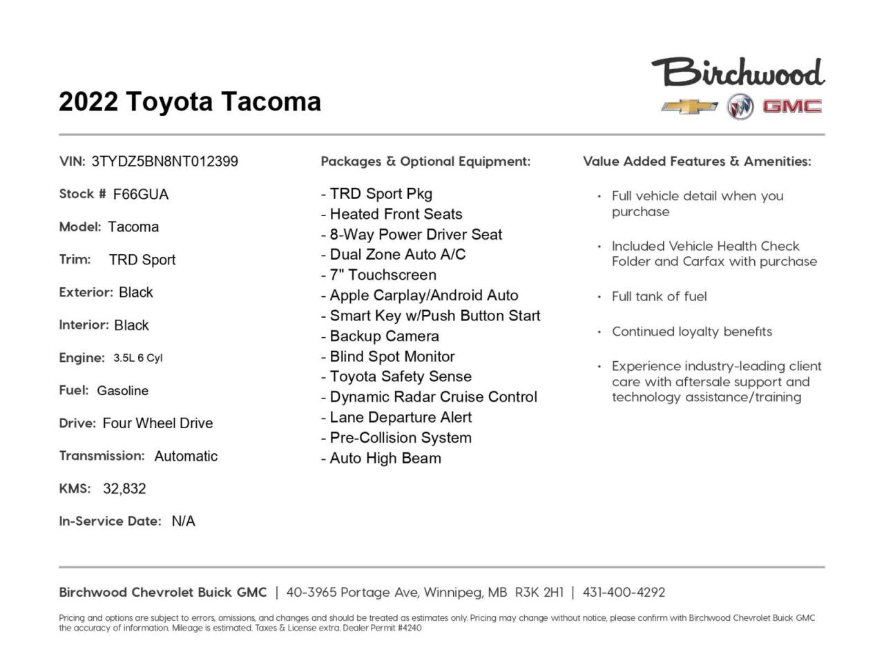 Used 2022 Toyota Tacoma 4x4 Double Cab Auto TRD Sport | Low KMs for sale in Winnipeg, MB