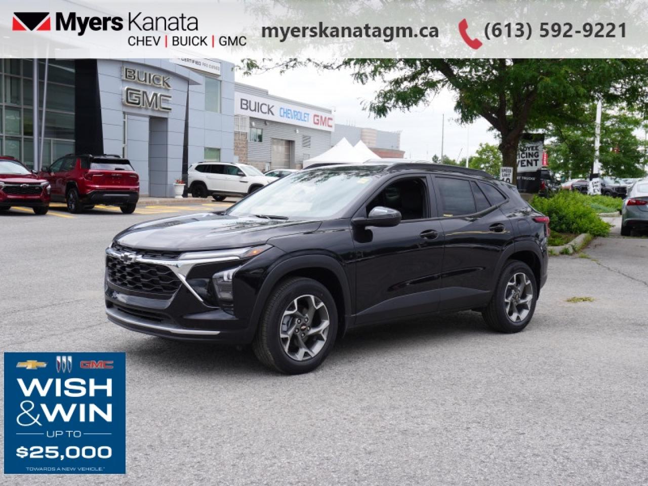 <b>Sunroof, Front and Rear Bowtie Emblems!</b><br> <br> <br> <br>At Myers, we believe in giving our customers the power of choice. When you choose to shop with a Myers Auto Group dealership, you dont just have access to one inventory, youve got the purchasing power of an entire auto group behind you!<br> <br>  This 2025 Chevrolet Trax promises genuine practicality in a stylish and attractive package. <br> <br>The ever-popular Chevy Trax sports exciting looks with even more interior space and enhanced safety features. Compact proportions with an efficient powertrain make this crossover the ideal urban companion. Step this way to experience what prime urban commuting is with this 2025 Trax.<br> <br> This mosaic black metallic SUV  has an automatic transmission and is powered by a  137HP 1.2L 3 Cylinder Engine.<br> <br> Our Traxs trim level is LT. This Trax 1LT features the Driver Confidence Package with rear cross traffic alert, blind spot detection and adaptive cruise control, with the LS Convenience Package, that includes a heated steering wheel, heated side mirrors and remote engine start, along with great standard features such as heated front seats, cruise control, 60/40 split-folding rear seats, air conditioning, and an upgraded 11-inch infotainment screen with wireless Apple CarPlay and Android Auto, wi-fi hotspot capability, active noise cancellation, and SiriusXM streaming radio. Safety features also include front pedestrian braking, forward collision alert, lane keeping assist with lane departure warning, IntelliBeam, and a rearview camera. This vehicle has been upgraded with the following features: Sunroof, Front And Rear Bowtie Emblems. <br><br> <br>To apply right now for financing use this link : <a href=https://www.myerskanatagm.ca/finance/ target=_blank>https://www.myerskanatagm.ca/finance/</a><br><br> <br/> Total  rebate of $2000 is reflected in the price.  <br> Buy this vehicle now for the lowest bi-weekly payment of <b>$213.50</b> with $0 down for 96 months @ 8.99% APR O.A.C. ( Plus applicable taxes -  **Rebates may not be applicable on all purchase types [cash, lease, or finance]. Eligibility and conditions may vary. Please see dealer for full details and confirmation of eligibility.   ).  Incentives expire 2026-01-02.  See dealer for details. <br> <br>Myers Kanata Chevrolet Buick GMC Inc is a great place to find quality used cars, trucks and SUVs. We also feature over a selection of over 50 used vehicles along with 30 certified pre-owned vehicles. Our Ottawa Chevrolet, Buick and GMC dealership is confident that youll be able to find your next used vehicle at Myers Kanata Chevrolet Buick GMC Inc. You will always find our inventory updated with the latest models. Our team believes in giving nothing but the best to our customers. Visit our Ottawa GMC, Chevrolet, and Buick dealership and get all the information you need today!<br> Come by and check out our fleet of 40+ used cars and trucks and 280+ new cars and trucks for sale in Kanata.  o~o