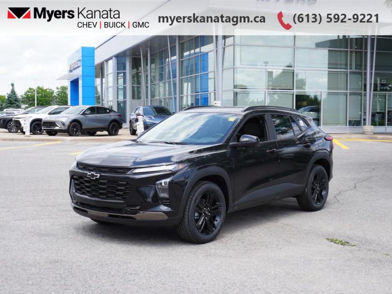 <b>Sunroof!</b><br> <br> <br> <br>At Myers, we believe in giving our customers the power of choice. When you choose to shop with a Myers Auto Group dealership, you dont just have access to one inventory, youve got the purchasing power of an entire auto group behind you!<br> <br>  This 2025 Chevrolet Trax promises genuine practicality in a stylish and attractive package. <br> <br>The ever-popular Chevy Trax sports exciting looks with even more interior space and enhanced safety features. Compact proportions with an efficient powertrain make this crossover the ideal urban companion. Step this way to experience what prime urban commuting is with this 2025 Trax.<br> <br> This mosaic black metallic SUV  has an automatic transmission and is powered by a  137HP 1.2L 3 Cylinder Engine.<br> <br> Our Traxs trim level is ACTIV. This Trax ACTIVE rewards you with Evotex synthetic leather seating upholstery, and features the Driver Confidence Package with rear cross traffic alert, blind spot detection and adaptive cruise control, with the LS Convenience Package, that includes a heated steering wheel, heated side mirrors and remote engine start, along with great standard features such as heated front seats, cruise control, 60/40 split-folding rear seats, air conditioning, and an upgraded 11-inch infotainment screen with wireless Apple CarPlay and Android Auto, wi-fi hotspot capability, active noise cancellation, and SiriusXM streaming radio. Safety features also include front pedestrian braking, forward collision alert, lane keeping assist with lane departure warning, IntelliBeam, and a rearview camera. This vehicle has been upgraded with the following features: Sunroof. <br><br> <br>To apply right now for financing use this link : <a href=https://www.myerskanatagm.ca/finance/ target=_blank>https://www.myerskanatagm.ca/finance/</a><br><br> <br/>    Incentives expire 2025-07-31.  See dealer for details. <br> <br>Myers Kanata Chevrolet Buick GMC Inc is a great place to find quality used cars, trucks and SUVs. We also feature over a selection of over 50 used vehicles along with 30 certified pre-owned vehicles. Our Ottawa Chevrolet, Buick and GMC dealership is confident that youll be able to find your next used vehicle at Myers Kanata Chevrolet Buick GMC Inc. You will always find our inventory updated with the latest models. Our team believes in giving nothing but the best to our customers. Visit our Ottawa GMC, Chevrolet, and Buick dealership and get all the information you need today!<br> Come by and check out our fleet of 40+ used cars and trucks and 180+ new cars and trucks for sale in Kanata.  o~o