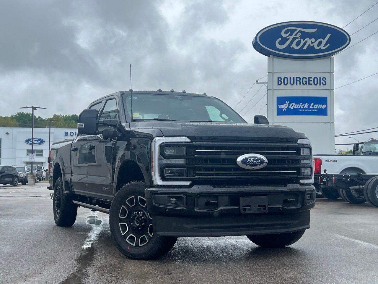 <p>The 2025 Ford Super Duty F-250 SRW Platinum in an imposing Black silhouette is designed for those who demand powerful performance with its robust 4x4 drivetrain and authoritative handling. Capable of tackling any terrain, this truck commands attention with its muscular presence and meticulous craftsmanship.</p><p>Step inside its Crew Cab 6.75' Box, where luxury meets functionality. The interior is draped in high-end materials, showcasing leather seats and a leather steering wheel, accompanied by refined details such as a leather door trim insert. This spacious cabin is equipped with heated and cooled front seats, as well as a heated rear seat, ensuring comfort in every season.</p><p>For the tech-savvy driver, this Super Duty is packed with modern amenities, including a Bluetooth connection, remote start functionality, and smart device integration. Further enhancing your driving experience, the adaptive cruise control and brake assist provide added safety on the road. A wi-fi hotspot keeps you connected wherever you venture, and the convenience of keyless entry simplifies your routine.</p><p>This truck caters to those whose lifestyle or profession requires a robust vehicle without compromising on sophistication and comfort. If you're in pursuit of a balance between strength and luxury that suits off-road escapades or heavy-duty tasks, the Ford Super Duty F-250 SRW is your ideal companion. Contact us today to learn more and to schedule a test drive.</p> <p><span style=color:rgb( 58 , 80 , 95 )>The discount shown on vehicle represents the </span><u>Cash Purchase</u><span style=color:rgb( 58 , 80 , 95 )> discount and is inclusive of all non-stackable and stackable cash purchase discounts from Ford of Canada and Bourgeois Motors Ltd. and is offered in lieu of sub-vented lease or finance rates. To get details on current discounts applicable to this and other vehicles in our inventory for Lease and Finance customer, see a member of our team. All offers for lease or finance are On Approved Credit (OAC).While every effort is made to ensure the accuracy of discounts and programs, programs are subject to change without notice </span><span style=color:rgb( 119 , 119 , 119 )>and may not be accurate or completely current. While every reasonable effort is made to ensure the accuracy of this data, we are not responsible for any errors or omissions contained on these pages.</span></p> <p><strong>Why Choose the Bourgeois Auto Group?</strong></p><p>For 80 years, Bourgeois Auto Group has been delivering exceptional automotive experiences. Our factor trained teams work to ensure you receive the shopping experience you deserve; whether you're looking for a new or new-to-you vehicle.</p><p>Shop 24/7 with our online showroom and chat service, ensuring convenience every step of the way. No hidden fees, full disclosure, and every pre-owned vehicle comes with a Carfax® report for peace of mind.</p><p>We offer a wide selection of pre-owned vehicles, all competitively priced using real-time market data. Get the best deal on your purchase and trade-in with our free Live Market Analysis report.</p><p>Looking to sell your car? We buy any make or modelno purchase required. Our simple to use online trade valuation tool will provide you with a clear, transparent selling experience whether you buy our car or not.</p><p>Backed by hundreds dedicated employees across 4 convenient locations, were here to meet all your automotive needs. Visit us in Midland or Parry Sound and explore our inventory or schedule your next service today.</p> <p><strong>Financing Your Next Vehicle with Bourgeois Motors Ford in Midland:</strong></p><p>At Bourgeois Motors Ford, we make financing your next vehicle simple and stress-free! Our team works with trusted lenders to find flexible options tailored to your budget. Drive away with confidenceapply today!</p><p>Take advantage of our online pre-qualification tool, backed by Equifax and TD Bank to find the payment that works for you. Simply <a href=https://www.bourgeoismotors.com/free-credit-check/ rel=nofollow><strong>CLICK HERE</strong></a><strong> </strong>to use our secure online credit tool with no impact to your credit.</p> <p>Experience exceptional value with Bourgeois Motors Fords executive demos. These are like-new vehicles with low mileage, premium features, and significant savings. Drive away with confidence, backed by the balance of factory warranties and our commitment to quality. Its a great way to own a new Ford.</p>