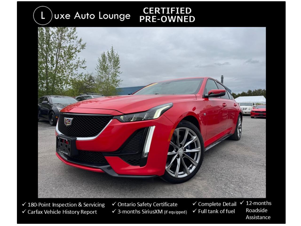 <p>Looking for a FULLY LOADED luxury sedan?? Look no further! This 2020 Cadillac CT5 Sport AWD is the one you have been looking for! Features include: all wheel drive, power panoramic sunroof, heads up display, Bose hi-performance audio system, navigation, SiriusXM satellite radio, heated and cooled seats, heated steering wheel, power front seats, remote keyless entry with push-button start, remote start, alloy wheels and more!</p><p><span style=font-size: 16px; caret-color: #333333; color: #333333; font-family: Work Sans, sans-serif; white-space: pre-wrap; -webkit-text-size-adjust: 100%; background-color: #ffffff;>This vehicle comes Luxe certified pre-owned, which includes: 180-point inspection & servicing, oil lube and filter change, minimum 50% material remaining on tires and brakes, Ontario safety certificate, complete interior and exterior detailing, Carfax Verified vehicle history report, guaranteed one key (additional keys may be purchased at time of sale), FREE 90-day SiriusXM satellite radio trial (on factory-equipped vehicles) & full tank of fuel! </span><span style=background-color: #ffffff; color: #333333; font-family: Work Sans, sans-serif; font-size: 16px; caret-color: #333333; white-space-collapse: preserve;>Remember, we built our business on quality, trust, service, and we deliver. PERIOD.</span></p><p><span style=background-color: #ffffff; color: #333333; font-family: Work Sans, sans-serif; font-size: 16px; caret-color: #333333; white-space-collapse: preserve;>Priced at ONLY $238 bi-weekly with $1500 down over 72 months at 7.99% (cost of borrowing is $1899 per $10000 financed) OR cash purchase price of $34995 (both prices are plus HST and licensing). Call today and book your test drive appointment!</span></p>