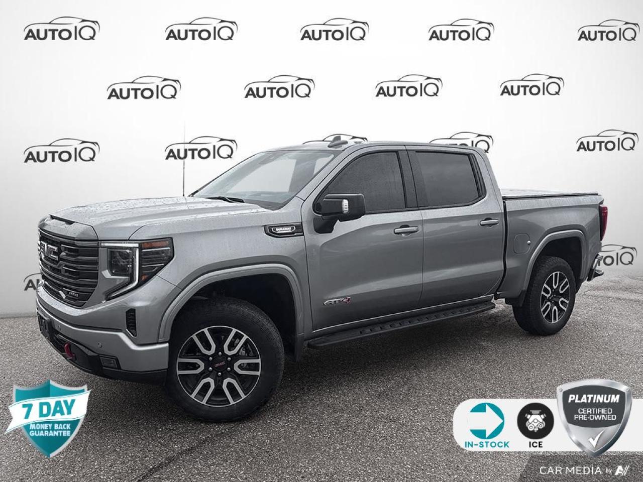 Recent Arrival!<br>Odometer is 19257 kilometers below market average!<br><br>10-Speed Automatic, 4WD, Jet Black w/Kalahari Accents w/Perforated Front Leather Seat Trim, 120-Volt Bed Mounted Power Outlet, 120-Volt Instrument Panel Power Outlet, 2 Charge-Only Rear USB Ports, 2 Charge/Data USB Ports Inside Centre Console, 2 USB Ports, 220 Amp Alternator, 4-Wheel Disc Brakes, 7 Speakers, ABS brakes, Adaptive Cruise Control, Air Conditioning, AM/FM radio: SiriusXM with 360L, AT4 Preferred Package, Auto High-beam Headlights, Auto-Locking Rear Differential, Automatic temperature control, Bed View Camera, Black Chrome Header & Grille Insert Bars, Block heater, Brake assist, Colour-Keyed Carpeting Floor Covering, Compass, Deep-Tinted Glass, Delay-off headlights, Driver Memory, Dual front impact airbags, Dual front side impact airbags, Electric Rear-Window Defogger, Electrical Steering Column Lock, Electronic Stability Control, Engine Block Heater, Floor-Mounted Centre Console, Front anti-roll bar, Front dual zone A/C, Front fog lights, Front Prem Floor Liners w/Removable Carpet Insert, Front Rain-Sensing Wipers, Front wheel independent suspension, Fully automatic headlights, GMC Connected Access Capable, HD Surround Vision, Heated 2nd Row Outboard Seats, Heavy-Duty Air Filter, Hill Descent Control, Hitch Guidance, Hitch Guidance w/Hitch View, In-Vehicle Trailering App, Integrated Trailer Brake Controller, Keyless Open & Start, LED Cargo Area Lighting, Low tire pressure warning, Memory seat, Multi-Colour 15 Diagonal Head-Up Display, Occupant sensing airbag, OnStar & GMC Connected Services Capable, Overhead airbag, Panic alarm, Perimeter Lighting, Power Door Locks, Power driver seat, Power Front Passenger Windows w/Express Up/Down, Power Front Windows w/Driver Express Up/Down, Power Rake & Telescoping Steering Column, Power Rear Windows w/Express Down, Power Sliding Rear Window w/Rear Defogger, Power steering, Power windows, Preferred Equipment Group 4SB, Premium audio system: Premium GMC Infotainment System, Premium Bose 7-Speaker Sound System, Push Button Start, Radio data system, Radio: Premium GMC Infotainment Audio System, Rear Camera Mirror, Rear Cross Traffic Braking, Rear Pedestrian Alert, Rear Prem Floor Liners w/Removable Carpet Insert, Rear Wheelhouse Liners, Rear window defroster, Red Recovery Hooks, Remote keyless entry, Remote Vehicle Starter System, Security system, SiriusXM w/360L, Speed control, Speed-sensing steering, Spray-On Pickup Bed Liner w/AT4 Logo, Steering Wheel Audio Controls, Steering wheel mounted audio controls, Technology Package, Theft Deterrent System (Unauthorized Entry), Traction control, Trailer Camera Provisions, Trailer Side Blind Zone Alert, Trailering Package, Ultrasonic Front & Rear Park Assist, Universal Home Remote, Wi-Fi Hotspot Capable, Wireless Charging, Wireless Phone Projection.<br><br>Sterling Metallic<br>2023 GMC Sierra 1500 AT4 | ONE OWNER | NO ACCIDENTS | LOCAL TRADE IN | ONE OWNER | NO ACCIDENTS | LOCAL TRADE IN<br>4D Crew Cab<br>3.0L I6<br>10-Speed Automatic<br>4WD<p> </p>

<h4>PLATINUM CERTIFIED PRE-OWNED VEHICLE</h4>

<p>36-point Provincial Safety Inspection<br />
172-point inspection combined mechanical, aesthetic, functional inspection including a vehicle report card<br />
Warranty: 90-days or 5,000 KM on inspected mechanical items, factory extended options eligible for warranty up to 200,000 KM<br />
Complimentary CARFAX Vehicle History Report<br />
3X Provincial safety standard for tire tread depth<br />
3X Provincial safety standard for brake pad thickness<br />
7 Day Money Back Guarantee*<br />
Market Value Report provided<br />
Guaranteed 2 keys/key fobs and door code (if equipped)<br />
Equipped vehicles include a complimentary 3 month Sirius satellite radio subscription!<br />
Complimentary full interior detailing and carpet shampoo<br />
Paintless dent repair and/or touch-ups for applicable body panels<br />
Vehicle scanned for open recall notifications from manufacturer</p>

<p>SPECIAL NOTE: This vehicle is reserved for AutoIQs retail customers only. Please, no dealer calls. Errors & omissions excepted.</p>

<p>*As-traded, specialty or high-performance vehicles are excluded from the 7-Day Money Back Guarantee Program (including, but not limited to Ford Shelby, Ford mustang GT, Ford Raptor, Chevrolet Corvette, Camaro 2SS, Camaro ZL1, V-Series Cadillac, Dodge/Jeep SRT, Hyundai N Line, all electric models)</p>

<p>INSGMT</p>