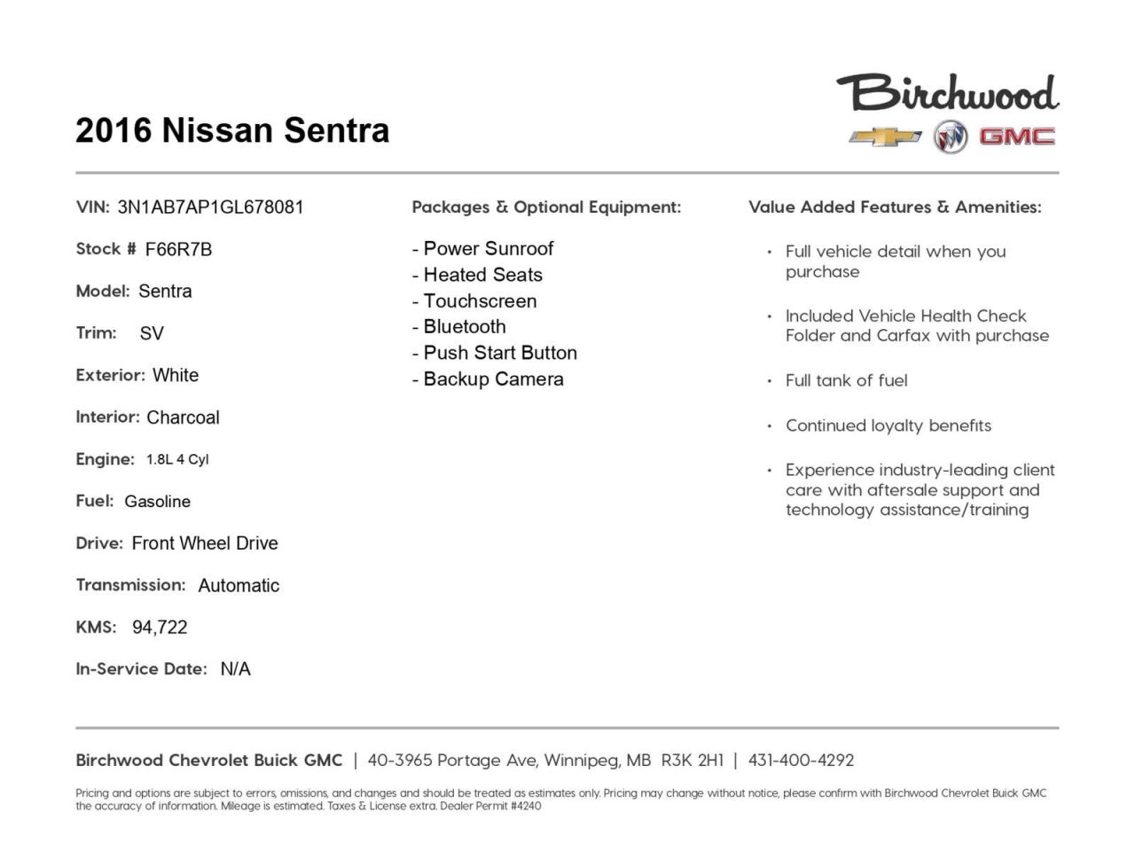 Used 2016 Nissan Sentra SV Auto | Sunroof | Heated Seats | Fresh Safety for sale in Winnipeg, MB