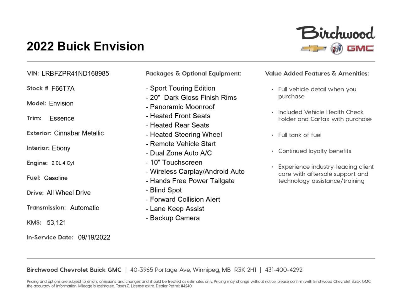 Used 2022 Buick Envision Essence Panoramic Sunroof | Upgraded Sport Touring Package for sale in Winnipeg, MB