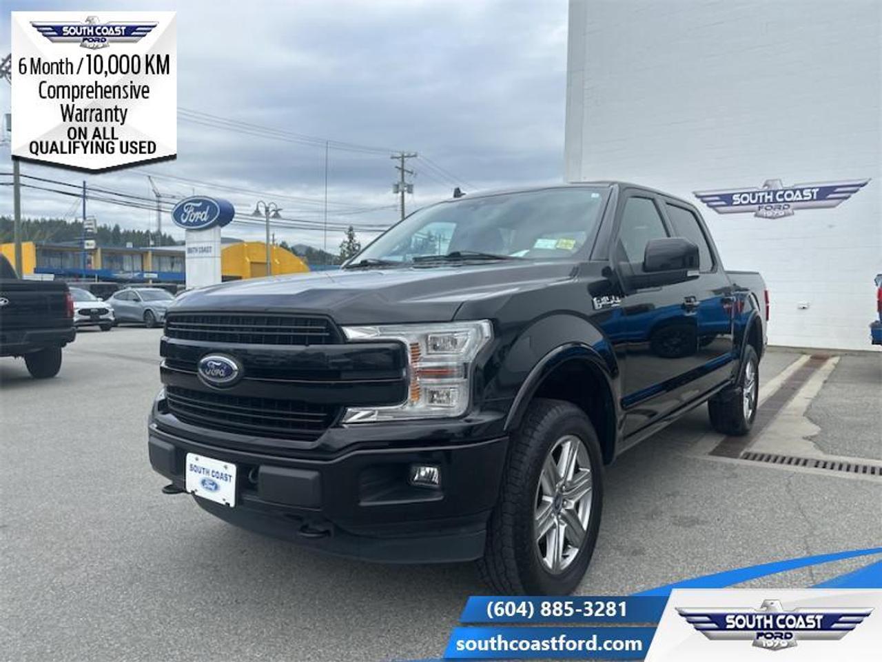 <b>Leather Seats, Navigation, Sunroof, FX4 Off-Road Package, 502A Luxury Equipment Group!</b><br> <br> <p style=color:Blue;><b>Upgrade your ride at South Coast Ford with peace of mind! Our used vehicles come with a minimum of 10,000 km and 6 months of Comprehensive Vehicle Warranty. Drive with confidence knowing your investment is protected.</b></p><br> <br> Compare at $42990 - Our Price is just $39404! <br> <br>This Ford F-150 is arguably the most capable truck in the class, and it features a spacious, comfortable interior. This 2019 Ford F-150 is for sale today in Sechelt. <br> <br>The perfect truck for work or play, this versatile Ford F-150 gives you the power you need, the features you want, and the style you crave! With high-strength, military-grade aluminum construction, this F-150 cuts the weight without sacrificing toughness. The interior design is first class, with simple to read text, easy to push buttons and plenty of outward visibility. This Crew Cab 4X4 pickup has 112,592 km. Its Agate Black in colour. It has a 10 Speed Automatic transmission and is powered by a 375HP 3.5L V6 Cylinder Engine. <br> <br> Our F-150s trim level is Lariat. This luxurious Ford F-150 Lariat comes loaded with premium features such as leather heated and cooled seats, body coloured exterior accents, a proximity key with push button start, dynamic hitch assist and Ford Co-Pilot360 that features pre-collision assist, automatic emergency braking and rear parking sensors. Enhanced features also includes unique aluminum wheels, SYNC 3 with enhanced voice recognition featuring Apple CarPlay and Android Auto, FordPass Connect 4G LTE, power adjustable pedals, a powerful audio system with SiriusXM radio, cargo box lights, a smart device remote engine start, dual zone climate control and a handy rear view camera to help when backing out of tight spaces. This vehicle has been upgraded with the following features: Leather Seats, Navigation, Sunroof, FX4 Off-Road Package, 502A Luxury Equipment Group, Power Running Boards, Adaptive Cruise Control.<br> To view the original window sticker for this vehicle view this <a href=http://www.windowsticker.forddirect.com/windowsticker.pdf?vin=1FTEW1E44KFC36849 target=_blank>http://www.windowsticker.forddirect.com/windowsticker.pdf?vin=1FTEW1E44KFC36849</a>. <br/><br> <br>To apply right now for financing use this link: <a href=https://www.southcoastford.com/financing/ target=_blank>https://www.southcoastford.com/financing/</a><br><br> <br/><br> Buy this vehicle now for the lowest bi-weekly payment of <b>$322.54</b> with $0 down for 84 months @ 7.99% APR O.A.C. (All rates are OAC. Check with our team for rate specials on new and used vehicles. Banks will have financed minimum amounts for certain rates.     / Total Obligation of $53890  ).  See dealer for details. <br> <br>Call South Coast Ford Sales or come visit us in person. Were convenient to Sechelt, BC and located at 5606 Wharf Avenue. and look forward to helping you with your automotive needs.<br><br> Come by and check out our fleet of 20+ used cars and trucks and 100+ new cars and trucks for sale in Sechelt.  o~o
