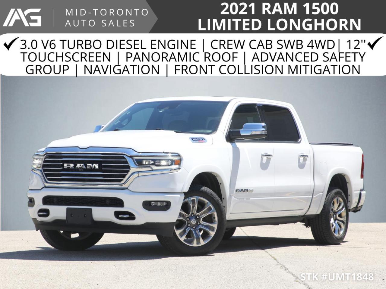 2021 RAM 1500 Longhorn Crew Cab SWB 4WD| 12'' TouchScreen | Pano Roof | Advanced Safety Grp | Navigation Photo0