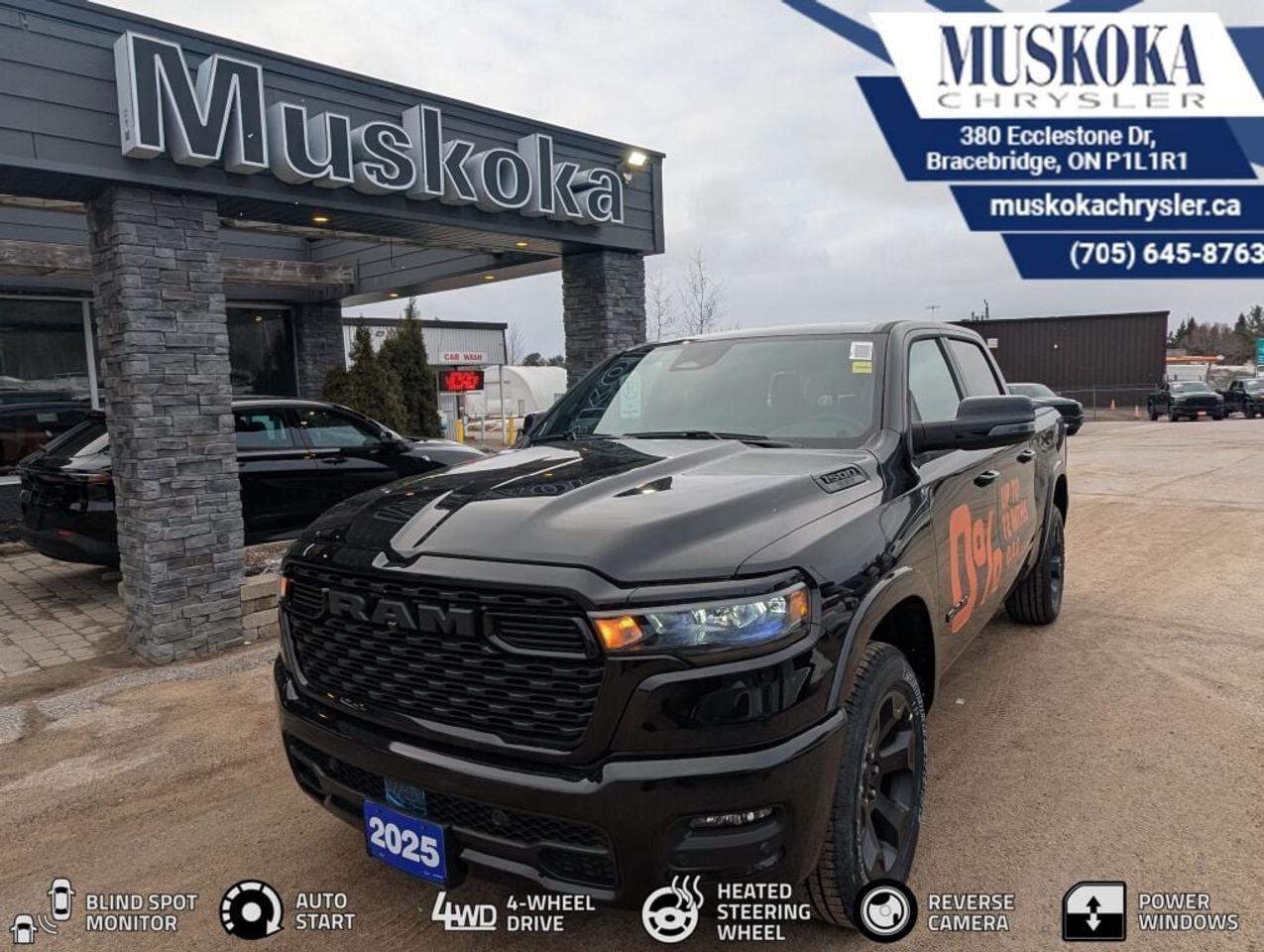 This RAM 1500 BIG HORN, with a 3.0L I-6 twin turbo engine engine, features a 8-speed automatic transmission, and generates 9.8 highway/14 city L/100km. Find this vehicle with only 39 kilometers!  RAM 1500 BIG HORN Options: This RAM 1500 BIG HORN offers a multitude of options. Technology options include: GPS Antenna Input, Voice Recorder, 2 LCD Monitors In The Front, Integrated Centre Stack Radio, MP3 Capability.  Safety options include Variable Intermittent Wipers, Airbag Occupancy Sensor, Curtain 1st And 2nd Row Airbags, Dual Stage Driver And Passenger Front Airbags, Dual Stage Driver And Passenger Seat-Mounted Side Airbags.  Visit Us: Find this RAM 1500 BIG HORN at Muskoka Chrysler today. We are conveniently located at 380 Ecclestone Dr Bracebridge ON P1L1R1. Muskoka Chrysler has been serving our local community for over 40 years. We take pride in giving back to the community while providing the best customer service. We appreciate each and opportunity we have to serve you, not as a customer but as a friend