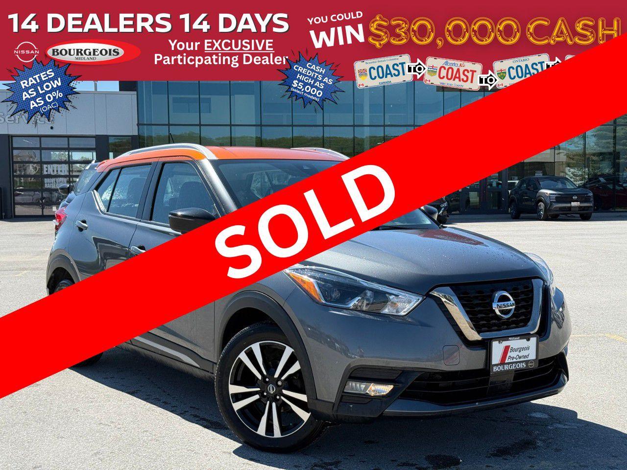 <p><span style=color:rgb( 255 , 0 , 0 )><strong>14 Dealers 14 Days!</strong></span> - 14 Top Nissan Dealers from across Canada have teamed up for a limited time exclusive offer available ONLY at the 14 participating dealers. </p><p><span style=color:rgb( 255 , 0 , 0 )>For 14 Days EVERYONE that buys a vehicle is entered to win $30,000 cash!</span> Put in towards your purchase or put it in your pocket! The choice is yours! </p><p>This offer is ONLY valid at the 14 participating dealers across Canada. Check out the Terms & Conditions <a href=https://www.bourgeoisnissan.com/terms-and-conditions rel=nofollow>HERE.</a> </p> <p>Meet the 2020 Nissan Kicks SR in a sophisticated gray finish with front-wheel drive capabilities, promising excellent handling and an invigorating drive. This sporty SUV is designed to catch eyes on the road while providing practical functionality at every turn.</p><p>On the outside, you'll find bold styling with sleek alloy wheels and LED accents, encapsulating a modern aesthetic that is as durable as it is stylish. The mystic gray complements the smart design, making it ideal for urban adventures and rural retreats alike. Step inside, and you're greeted by a refined black interior that exudes contemporary elegance. The cabin is thoughtfully equipped with Prima-Tex Leatherette on the seats and door trims, providing a plush yet durable finish. The leather steering wheel and gear shifter accentuate the high-quality feel, ensuring every drive is as comfortable as it is enjoyable.</p><p>Equipped with the latest tech, the Kicks SR features smart device integration, satellite radio, and a user-friendly infotainment system with a crystal-clear interface. Safety is a top priority with features such as a backup camera, lane assist, and parking sensors all standard, giving you confidence and peace of mind on every journey.</p><p>This versatile and agile SUV with its impressive safety features, stylish design, and advanced technology is perfect for city dwellers and small families alike. If that's you, contact our dealership today to learn more or schedule a test drive. Were here to help you find the right vehicle that meets all your needs.</p> <p><strong>Why Choose the Bourgeois Auto Group?</strong></p><p>For 80 years, Bourgeois Auto Group has been delivering exceptional automotive experiences. Our factor trained teams work to ensure you receive the shopping experience you deserve; whether you're looking for a new or new-to-you vehicle.</p><p>Shop 24/7 with our online showroom and chat service, ensuring convenience every step of the way. No hidden fees, full disclosure, and every pre-owned vehicle comes with a Carfax® report for peace of mind.</p><p>We offer a wide selection of pre-owned vehicles, all competitively priced using real-time market data. Get the best deal on your purchase and trade-in with our free Live Market Analysis report.</p><p>Looking to sell your car? We buy any make or modelno purchase required. Our simple to use online trade valuation tool will provide you with a clear, transparent selling experience whether you buy our car or not.</p><p>Backed by hundreds dedicated employees across 4 convenient locations, were here to meet all your automotive needs. Visit us in Midland or Parry Sound and explore our inventory or schedule your next service today.</p> <p><strong>Financing Your Next Vehicle with Bourgeois Midland Nissan:</strong></p><p>At Bourgeois Midland Nissan, we make financing your next vehicle simple and stress-free! Our team works with trusted lenders to find flexible options tailored to your budget. Drive away with confidenceapply today!</p><p>Take advantage of our online pre-qualification tool, backed by Equifax and TD Bank to find the payment that works for you. Simply <a href=https://www.bourgeoisnissan.com/pre-qualify-for-financing/ rel=nofollow><strong>CLICK HERE</strong></a> to use our secure online credit tool with no impact to your credit.</p>