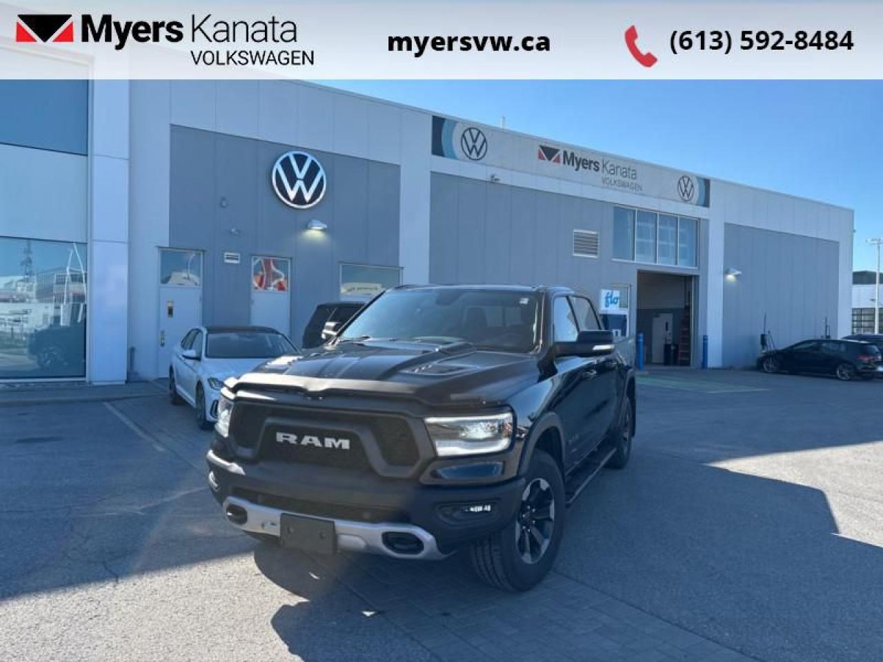 <b>Off-Road Suspension,  Aluminum Wheels,  Sport Performance Hood,  Black Accents,  Proximity Key!</b><br> <br>  Compare at $40169 - Our Price is just $38999! <br> <br>   Make light work of tough jobs with exceptional towing, torque and payload capability. This  2020 Ram 1500 is fresh on our lot in Kanata. <br> <br>The Ram 1500 delivers power and performance everywhere you need it, with a tech-forward cabin that is all about comfort and convenience. Loaded with best-in-class features, its easy to see why the Ram 1500 is so popular. With the most towing and hauling capability in a Ram 1500, as well as improved efficiency and exceptional capability, this truck has the grit to take on any task. This  Crew Cab 4X4 pickup  has 140,689 kms. Its  black in colour  and is completely accident free based on the <a href=https://vhr.carfax.ca/?id=/TAx4VoXDc2tnlGqoyfy9CySSl7SeCb+ target=_blank>CARFAX Report</a> . It has an automatic transmission and is powered by a  395HP 5.7L 8 Cylinder Engine.  <br> <br> Our 1500s trim level is Rebel. This menacing Ram 1500 Rebel comes very well equipped with unique aluminum wheels, a sport performance hood, Bilstein off-road suspension with skid plates, Uconnect with a color touchscreen, wireless streaming audio, USB input jacks, and a handy rear view camera. This sweet pickup truck also comes with a power driver seat, a dampened tailgate, electronic shift-on-the-fly transfer case, hill decent control, power heated side mirrors, proximity keyless entry, cruise control, towing equipment, black bumpers with rear step, LED headlights and fog lights and much more. This vehicle has been upgraded with the following features: Off-road Suspension,  Aluminum Wheels,  Sport Performance Hood,  Black Accents,  Proximity Key,  Touchscreen,  Streaming Audio. <br> To view the original window sticker for this vehicle view this <a href=http://www.chrysler.com/hostd/windowsticker/getWindowStickerPdf.do?vin=1C6SRFLT5LN116235 target=_blank>http://www.chrysler.com/hostd/windowsticker/getWindowStickerPdf.do?vin=1C6SRFLT5LN116235</a>. <br/><br> <br>To apply right now for financing use this link : <a href=https://www.myersvw.ca/en/form/new/financing-request-step-1/44 target=_blank>https://www.myersvw.ca/en/form/new/financing-request-step-1/44</a><br><br> <br/><br>Backed by Myers Exclusive NO Charge Engine/Transmission for life program lends itself for your peace of mind and you can buy with confidence. Call one of our experienced Sales Representatives today and book your very own test drive! Why buy from us? Move with the Myers Automotive Group since 1942! We take all trade-ins - Appraisers on site - Full safety inspection including e-testing and professional detailing prior delivery! <br><br>*LIFETIME ENGINE TRANSMISSION WARRANTY NOT AVAILABLE ON VEHICLES MARKED AS-IS, VEHICLES WITH KMS EXCEEDING 140,000KM, VEHICLES 8 YEARS & OLDER, OR HIGHLINE BRAND VEHICLES (eg.BMW, INFINITI, CADILLAC, LEXUS...). FINANCING OPTIONS NOT AVAILABLE ON VEHICLES MARKED AS-IS OR AS-TRADED.<br> Come by and check out our fleet of 20+ used cars and trucks and 60+ new cars and trucks for sale in Kanata.  o~o