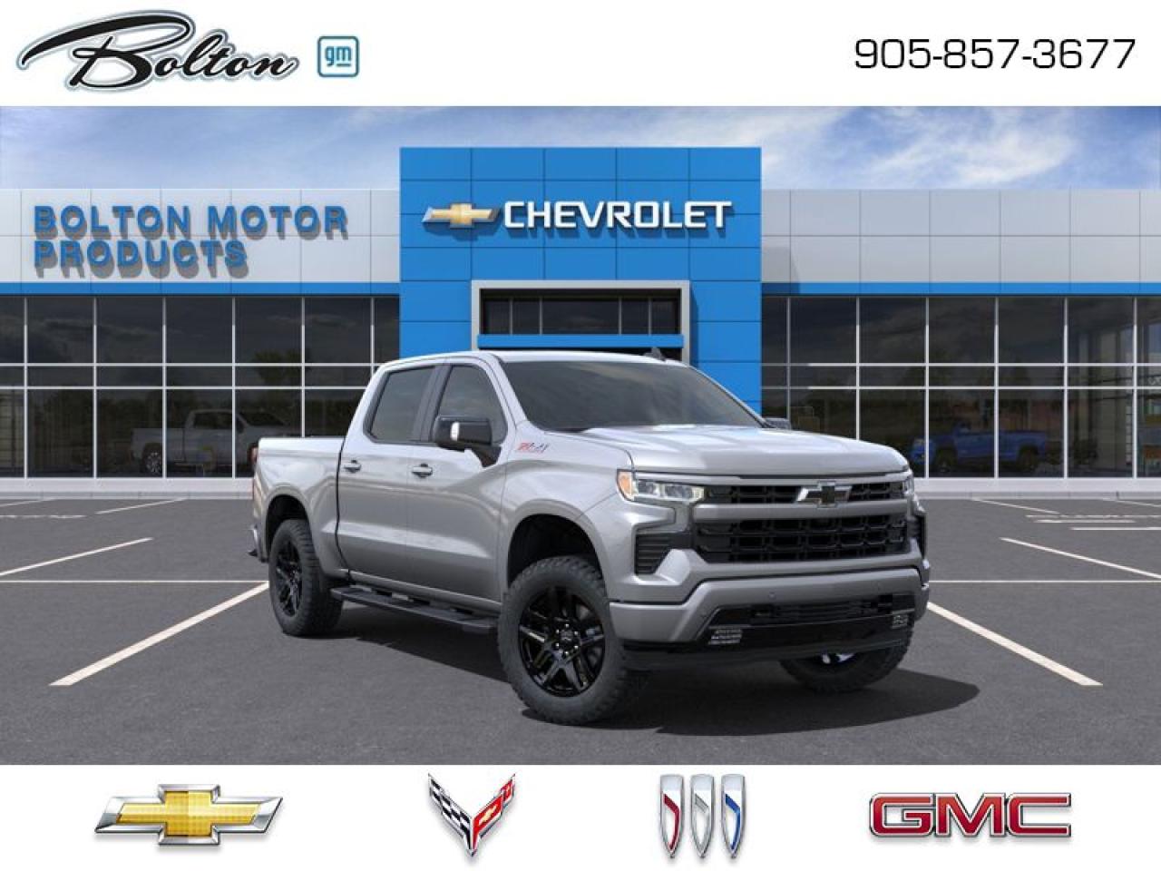 <b>Leather Seats, Sunroof, Premium Package, Running Boards, 20 Aluminum Wheels!</b><br> <br> <br> <br>  This 2025 Silverado 1500 is engineered for ultra-premium comfort, offering high-tech upgrades, beautiful styling, authentic materials and thoughtfully crafted details. <br> <br>This 2025 Chevrolet Silverado 1500 stands out in the midsize pickup truck segment, with bold proportions that create a commanding stance on and off road. Next level comfort and technology is paired with its outstanding performance and capability. Inside, the Silverado 1500 supports you through rough terrain with expertly designed seats and robust suspension. This amazing 2025 Silverado 1500 is ready for whatever.<br> <br> This sterling grey metallic  Crew Cab 4X4 pickup   has an automatic transmission and is powered by a  355HP 5.3L 8 Cylinder Engine.<br> <br> Our Silverado 1500s trim level is RST. This trim steps things up with heated front seats, a heated steering wheel and dual-zone climate control, along with a trailering package, remote start, aluminum wheels, hitch guidance, a power locking EZ lift tailgate, and an upgraded 13.4-inch infotainment display with navigation capability, Apple CarPlay and Android Auto. Safety features also include lane keep assist with lane departure warning, following distance indication, forward collision alert, and automatic emergency braking with front pedestrian braking. This vehicle has been upgraded with the following features: Leather Seats, Sunroof, Premium Package, Running Boards, 20 Aluminum Wheels, Z71 Off-road Package, Tubular Side Steps. <br><br> <br>To apply right now for financing use this link : <a href=http://www.boltongm.ca/?https://CreditOnline.dealertrack.ca/Web/Default.aspx?Token=44d8010f-7908-4762-ad47-0d0b7de44fa8&Lang=en target=_blank>http://www.boltongm.ca/?https://CreditOnline.dealertrack.ca/Web/Default.aspx?Token=44d8010f-7908-4762-ad47-0d0b7de44fa8&Lang=en</a><br><br> <br/><br>At Bolton Motor Products, we offer new Chevrolet, Cadillac, Buick, GMC cars and trucks in Bolton, along with used cars, trucks and SUVs by top manufacturers. Our sales staff will help you find that new or used car you have been searching for in the Bolton, Brampton, Nobleton, Kleinburg, Vaughan, & Maple area. o~o