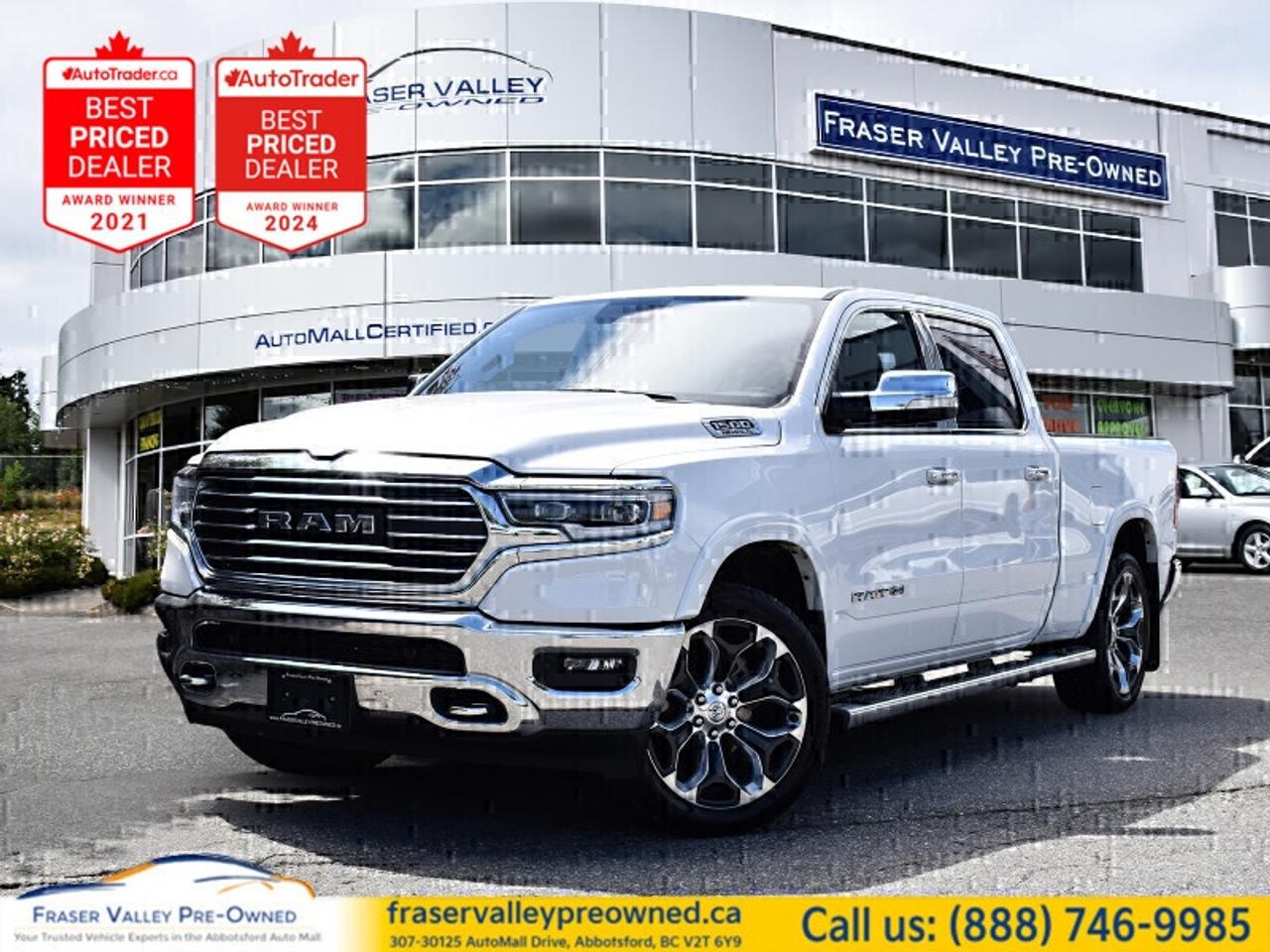 2022 Ram 1500 Limited Longhorn 4x4 - 103,709 km - One Owner - Local BC
 
Fraser Valley Pre-Owned is proud to present this Limited Longhorn 4x4 - a one-owner, local BC truck with 103,709 km and a clean, well-documented history. Dressed in Longhorn leather and wood with the 5.7L HEMI underhood, it delivers that rare mix of ranch-level luxury and real-world muscle. Immaculate paint, a beautifully kept cabin, and the drive quality you expect from a top-trim Ram. If you&rsquo;ve been hunting a Longhorn that still feels tight, quiet, and premium, this is it.
 
Features:
&bull; 5.7L HEMI V8
&bull; 4x4
&bull; Navigation system
&bull; Alpine premium audio
&bull; Heated and ventilated front seats
&bull; Heated steering wheel
&bull; Leather upholstery with Longhorn badging
&bull; Driver memory settings
&bull; Power-adjustable pedals
&bull; Proximity keyless entry and remote start
&bull; Wireless Apple CarPlay and Android Auto
&bull; Large touchscreen infotainment
&bull; Dual-zone climate control
&bull; ParkSense front and rear sensors
&bull; Forward collision warning with active braking
&bull; Power-folding heated mirrors
&bull; Spray-in bed liner
&bull; Rear step bumper
&bull; Signature Longhorn wood, leather, chrome interior trim
 
Refined, capable, and loaded with the right kit - this Longhorn looks as sharp pulling up to dinner as it does backing to a trailer.
 
Fraser Valley Pre-Owned - the only dedicated pre-owned store inside the Fraser Valley Automall. Multiple-time AutoTrader Lowest Priced Dealer and 2025 Canadian Consumer Choice Awards recipient for Pre-Owned Auto Dealership of the Year. Every vehicle is inspected and serviced to a high standard so you get superior quality without paying new-car depreciation. We offer $0 down financing and welcome cash buyers - quick approvals, fair terms, no pressure. Visit us at 307-30125 Auto Mall Drive, Abbotsford BC V2T 6Y9 - fraservalleypreowned.ca.
 

 To view the original window sticker for this vehicle view this http://www.chrysler.com/hostd/windowsticker/getWindowStickerPdf.do?vin=1C6SRFST2NN182388. 

 
To apply right now for financing use this link: https://www.fraservalleypreowned.ca/abbotsford-car-loan-application-british-columbia
 
 

| Our Quality Guarantee: We maintain the highest standard of quality that is required for a Pre-Owned Dealership to operate in an Auto Mall. We provide an independent 360-degree inspection report through licensed 3rd Party mechanic shops. Thus, our customers can rest assured each vehicle will be a reliable, and responsible purchase.  |  Purchase Disclaimer: Your selected vehicle may have a differing finance and cash prices. When viewing our vehicles on third party  marketplaces, please click over to our website to verify the correct price for the vehicle. The Sale Price on third party websites will always reflect the Finance Price of our vehicles. If you are making a Cash Purchase, please refer to our website for the Cash Price of the vehicle.  | All prices are subject to and do not include, a $995 Finance Fee, a $995 Document Fee, and a $499 GPS Lot Pack. VSA Security Fee of $10 is applicable as we are a Certified VSA Dealer (#40190).  These fees as well as taxes, are included in all listed listed payment quotes. Please speak with Dealer for full details and exact numbers.  o~o