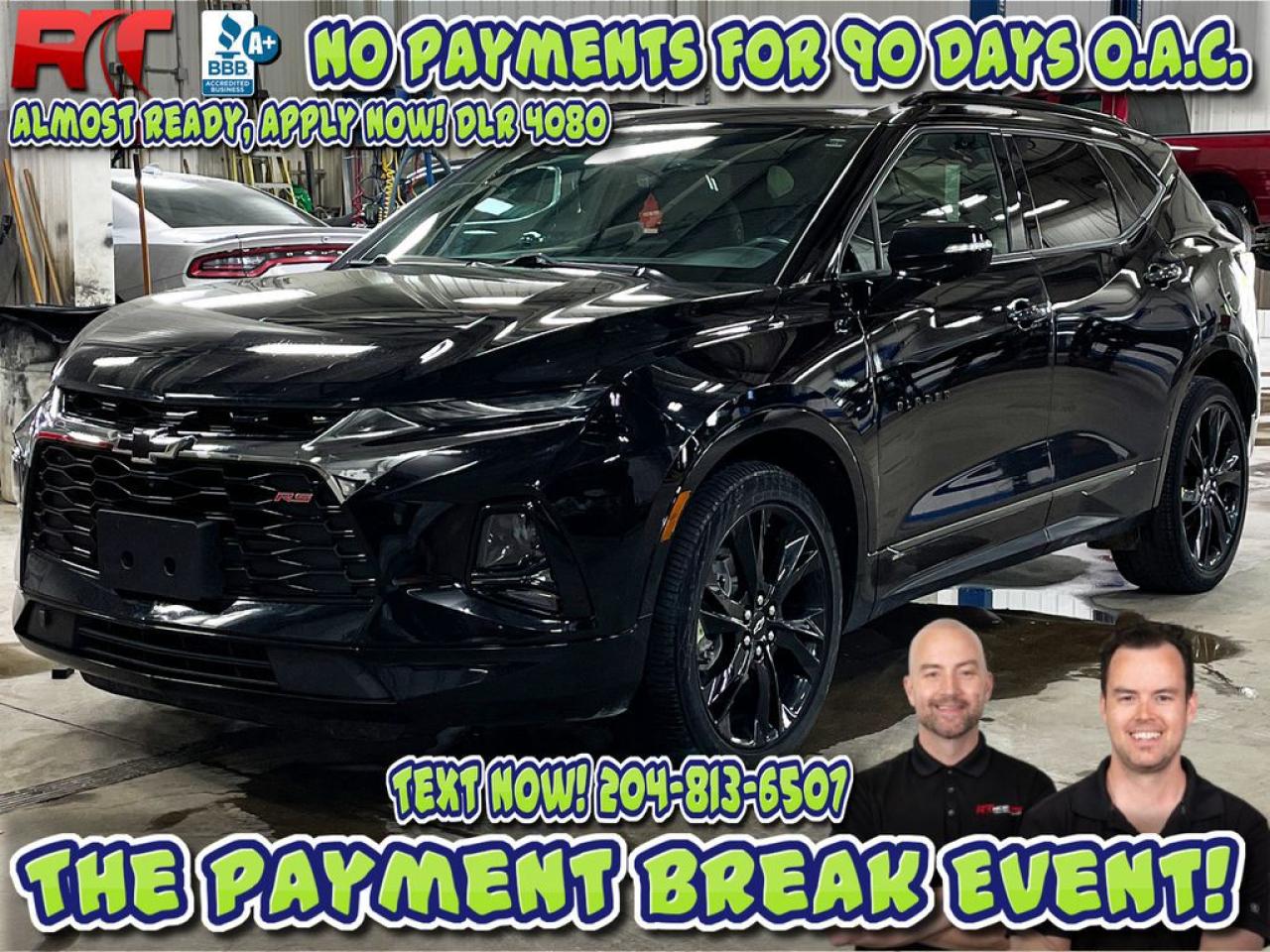 Hey there, friend  Welcome to Ride Times Payment Break Eventrunning now through June 30th.  We know moneys tight, timings everything, and finding the right ride without getting stuck in a payment loop is no small task. Thats why were doing things differently.  For a limited time, you can drive away today and make no payments for 90 days OACgiving you a true break when you need it most. Weve helped thousands of Manitobans do just thatand were ready to help you next.  It Starts With the Right Vehicle  We carry 80 to 120 hand-picked, safety-certified vehicles at all timesmost priced under $30,000. And yes, the good ones move fast.  So if something catches your eye, dont waitwe only have one of most trims, and trade-in volume is slowing down across the province. Fresh inventory is getting harder to replace.  Flexible FinancingBuilt Around You  Your budget shouldnt hold you back from a reliable ride.  Whether youre rebuilding credit, buying your first vehicle, or just looking to keep your payments low, weve got you covered with:  -$0 down options  -Fast approvals  -No payments for 90 days OAC  -Competitive rates even if your credit isnt perfect  Plus, we offer top-dollar trade values, helping you unlock more equity from your current vehicle before its value drops further.  Were Not Just Another Dealership  Weve been proudly family-owned for 17+ years, built on trust, transparency, and doing right by our customers.  Dont just take our word for itweve earned 1,000+ positive reviews from customers literally all over the world, and were just getting started.  Youre Closer Than You Think  Youre already here, reading this. Thats step one.  Most of our buyers start by valuing their trade, browsing online, or just shooting us a text.  From there, its simpleand youll have a real person helping you every step of the way.  Drive With Confidence  Every vehicle on our lot passes a full safety inspection, includes a detailed CarFax report, and is backed by our exclusive Oil 4 Life Programa Ride Time perk that keeps your ride running smoothly, long after youve driven off the lot.  Whats Stopping You From Moving Forward Today?  Were here to help you work through thatwithout pressure.  But just a heads-up: our offers cant be held without a deposit, and with payment relief and top trade values, inventory is flying.  Lets make this your easiest car-buying experience ever:  -Text us at 204-813-6507  -Browse online at fast.ridetime.ca  -Or chat with us anytime on Facebook Messenger m.me/ridetime  Your next ride is waitingand right now, it comes with a payment break.  DLR 4080  Leather, Panoramic Roof, Sunroof, Navigation, Bluetooth, Apple CarPlay / Android Auto, Back-Up Camera, Heated Front Seats, Power Liftgate, Power Seats, Remote Start, AWD, 21 Alloy Wheels, 3 Free Months of Sirius Satellite Radio w/ Purchase, Manitoba Safety Certified, We LOVE Trade-Ins!, Hand Selected Used Cars, Priced Below Market w/ Technology!, All of our vehicles come with our Oil 4 Life Program (approx $200/year savings), FREE CarFax History Report on ALL Vehicles!, Apply for Financing on This Vehicle: https://fast.ridetime.ca/pre_approve, Adaptive Cruise Control, Convenience Plus Package, Enhanced Automatic Emergency Braking, HD Surround Vision, Heated Rear Outboard Seating Positions, LED Headlamps, Memory Settings For Driver Seat & Exterior Mirrors, Panoramic Tilt-Sliding Power Sunroof, Power Tilt & Telescoping Steering Column, Rear Camera Mirror, Rear Camera Mirror Washer, Safety Alert Seat, Safety Plus Package, Ventilated Driver & Front Passenger Seats, Wireless Charging.  2022 Chevrolet Blazer RS AWD 9-Speed Automatic with Overdrive 3.6L V6 SIDI Black   Why Buy From Ride Time?  At Ride Time, we pride ourselves on offering the best value and service to our customers. Here are just a few of the reasons why you should buy from us:  SAFETY AND CERTIFICATION: Our certified technicians inspect every inch of our used vehicles to ensure they meet Manitoba safety requirements and are Ride Time Certified. We also ensure that our vehicles meet the safety standards of any province you may be from before shipping.  USED CARS IN THE BEST CONDITION: We employ the top talent in our detailing department to make sure every used car we sell looks and feels brand new.  GUARANTEED BEST PRICES: We were one of the first used car dealers in Canada to use third-party software to price our inventory, ensuring that our prices are always below market value. . FAIR TRADE-INS: We use industry-standard metrics and benchmarks to fairly price your trade-in, and well even buy it from you outright if you decide not to purchase from us.  NON-COMMISSIONED SALES STAFF: Our sales team is focused on meeting your needs, not our bottom line, so you can trust that youll get honest and fair service every step of the way.  EXTRA BONUSES: When you purchase from us, youll be enrolled in our Oil 4 Life Program*, which covers the cost of oil changes for the lifetime of your vehicle. Youll also be eligible to earn $300 for every successful referral. And if youre coming from out of town, we offer free airport pick-up and can ship your vehicle anywhere in the world.  Dont miss out on all these great benefits  contact us today to schedule a test drive or apply for financing through our website. Connect with us on Facebook Messenger for 24/7 assistance or text us anytime at 204-400-1965. We look forward to helping you find your dream car.  *for regular cars and trucks, diesel is extra.