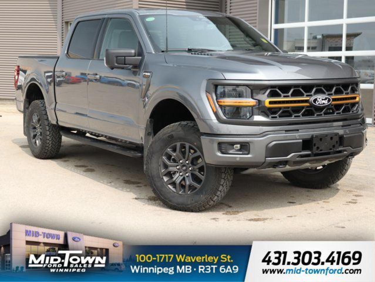 Recent Arrival!<br /><br />| One Owner, | Local Trade, | Clean Carfax, | Non Smoker, | Apple Carplay, | Android Auto, 4WD, 4-Wheel Disc Brakes, 8 Speakers, ABS brakes, Adjustable pedals, Air Conditioning, Alloy wheels, AM/FM radio: SiriusXM with 360L, Auto High-beam Headlights, Auto-dimming door mirrors, Auto-dimming Rear-View mirror, Automatic temperature control, Brake assist, Bumpers: body-colour, Compass, Delay-off headlights, Driver door bin, Driver vanity mirror, Dual front impact airbags, Dual front side impact airbags, Electronic Locking w/3.73 Axle Ratio, Electronic Stability Control, Emergency communication system: SYNC 4 911 Assist, Engine Block Heater, Equipment Group 401A Standard, Front anti-roll bar, Front Bucket Seats, Front dual zone A/C, Front fog lights, Front reading lights, Front wheel independent suspension, Fully automatic headlights, Heated door mirrors, Heated front seats, Illuminated entry, Low tire pressure warning, Navigation system: Connected Navigation, Occupant sensing airbag, Outside temperature display, Overhead airbag, Overhead console, Panic alarm, Passenger door bin, Passenger vanity mirror, Power door mirrors, Power driver seat, Power passenger seat, Power steering, Power windows, Radio data system, Radio: B&O Sound System by Bang & Olufsen, Rear reading lights, Rear step bumper, Rear window defroster, Remote keyless entry, Security system, Speed control, Split folding rear seat, Steering wheel mounted audio controls, SYNC 4 w/Enhanced Voice Recognition, Tachometer, Telescoping steering wheel, Tilt steering wheel, Tough Bed Spray-In Bedliner, Traction control, Trip computer, Turn signal indicator mirrors, Unique Sport Cloth 40/Console/40 Power Front Seat, Variably intermittent wipers, Voltmeter, Wheels: 18 Alloy w/Dark Matte Finish.<br /><br />Carbonized Gray Metallic 2024 Ford F-150 Tremor ONE OWNER CLEAN CARFAX LOCAL TRADE 4WD 3.5L V6 EcoBoost 10-Speed Automatic<br /><br /><br />For further information please contact MidTown Ford sales department directly at 204-284-7650. Dealer #9695.