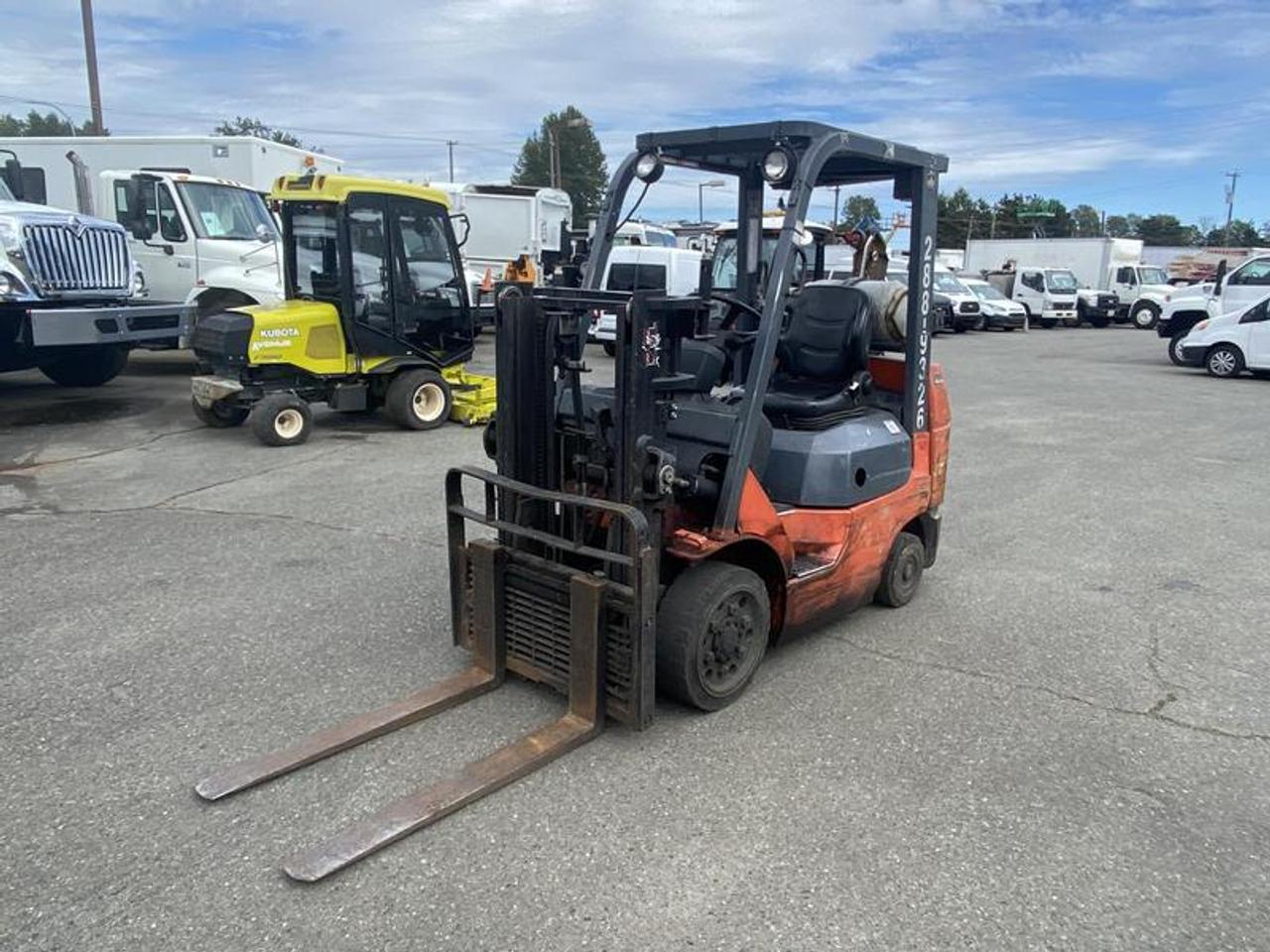 2010 Toyota 7FGGU25 Forklift, automatic, orange exterior, 2 stage fork lift with side shifter,  black interior, vinyl.
108 inch  MAST, 4700LBS LIFTING CAPACITY, Maximum height upto 6.8 Foot. (Actual Year is unverified / unconfirmed)  $7,310.00 plus $375 processing fee, $7,685.00 total payment obligation before taxes.   Listing report, warranty, contract commitment cancellation fee, financing available on approved credit (some limitations and exceptions may apply). All above specifications and information is considered to be accurate but is not guaranteed and no opinion or advice is given as to whether this item should be purchased. We do not allow test drives due to theft, fraud, acts of vandalism and undetectable impaired driving. Instead we provide the following benefits: Complimentary Warranty (with options to extend), Limited Money Back Satisfaction Guarantee on Fully Completed Contracts, Contract Commitment Cancellation, and an Open-Ended Sell-Back Option. Ask seller for details or call 604-522-REPO(7376) to confirm listing availability.