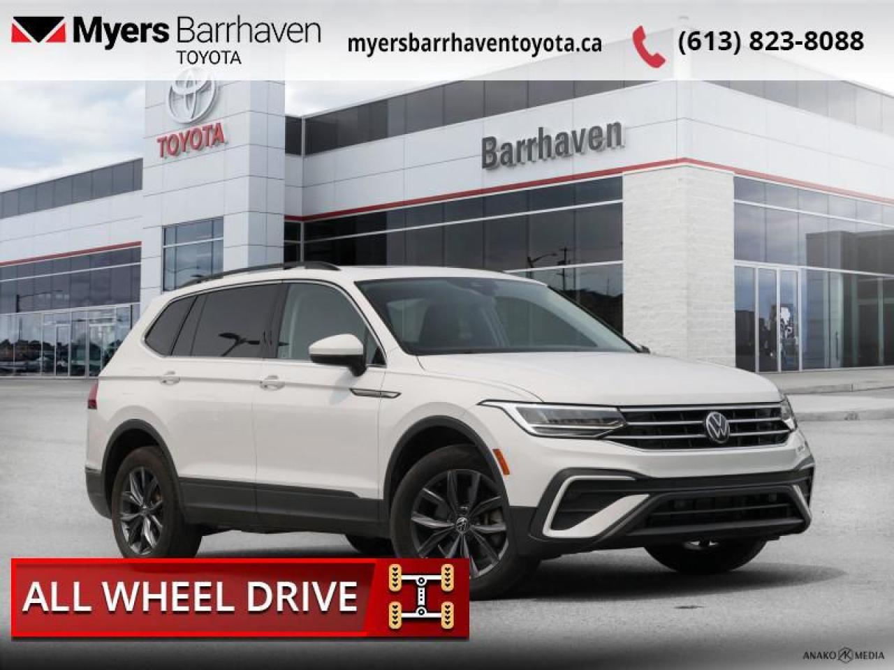 <b>Power Liftgate, Remote Start, Synthetic Leather Seats, Adaptive Cruise Control, Heated Seats, Heated Steering Wheel, Lane Keep Assist, Android Auto, Apple CarPlay, Blind Spot Detection, Proximity Key, LED Lights, Forward Collision Warning</b><br> <br>  Compare at $31176 - Our Live Market Price is just $29977! <br> <br>   The VW Tiguan aces real-world utility with its excellent outward vision, comfortable interior, and supreme on road capabilities. This  2022 Volkswagen Tiguan is fresh on our lot in Ottawa. <br> <br>Whether its a weekend warrior or the daily driver this time, this 2022 Tiguan makes every experience easier to manage. Cutting edge tech, both inside the cabin and under the hood, allow for safe, comfy, and connected rides that keep the whole party going. The crossover of the future is already here, and its called the Tiguan.This  SUV has 62,730 kms. Its  white in colour  and is completely accident free based on the <a href=https://vhr.carfax.ca/?id=Hg+5LP0jh/QMNwlkdccETqz1A6lg1SCa target=_blank>CARFAX Report</a> . It has an automatic transmission and is powered by a  smooth engine. <br> <br> Our Tiguans trim level is Comfortline. This luxurious and confident Tiguan Comfortline comes very well equipped with 4MOTION all-wheel drive capability, a larger 8 inch touchscreen display that features Volkswagen Car-Net, Android Auto and Apple CarPlay, heated leatherette seats, a heated steering wheel, a power liftgate and blind spot detection. This sporty family SUVW also includes unique aluminum wheels and chrome exterior accents, automatic LED lights, remote engine start, a 40/20/40 split-folding rear seats, an advanced 10 inch digital cockpit, power heated mirrors, front assist with autonomous emergency braking, KESSY keyless access with push-start button plus much more! <br> <br>To apply right now for financing use this link : <a href=https://www.myersbarrhaventoyota.ca/quick-approval/ target=_blank>https://www.myersbarrhaventoyota.ca/quick-approval/</a><br><br> <br/><br> Buy this vehicle now for the lowest bi-weekly payment of <b>$222.21</b> with $0 down for 84 months @ 8.99% APR O.A.C. ( Plus applicable taxes -  Plus applicable fees   ).  See dealer for details. <br> <br>At Myers Barrhaven Toyota we pride ourselves in offering highly desirable pre-owned vehicles. We truly hand pick all our vehicles to offer only the best vehicles to our customers. No two used cars are alike, this is why we have our trained Toyota technicians highly scrutinize all our trade ins and purchases to ensure we can put the Myers seal of approval. Every year we evaluate 1000s of vehicles and only 10-15% meet the Myers Barrhaven Toyota standards. At the end of the day we have mutual interest in selling only the best as we back all our pre-owned vehicles with the Myers *LIFETIME ENGINE TRANSMISSION warranty. Thats right *LIFETIME ENGINE TRANSMISSION warranty, were in this together! If we dont have what youre looking for not to worry, our experienced buyer can help you find the car of your dreams! Ever heard of getting top dollar for your trade but not really sure if you were? Here we leave nothing to chance, every trade-in we appraise goes up onto a live online auction and we get buyers coast to coast and in the USA trying to bid for your trade. This means we simultaneously expose your car to 1000s of buyers to get you top trade in value. <br>We service all makes and models in our new state of the art facility where you can enjoy the convenience of our onsite restaurant, service loaners, shuttle van, free Wi-Fi, Enterprise Rent-A-Car, on-site tire storage and complementary drink. Come see why many Toyota owners are making the switch to Myers Barrhaven Toyota. <br>*LIFETIME ENGINE TRANSMISSION WARRANTY NOT AVAILABLE ON VEHICLES WITH KMS EXCEEDING 140,000KM, VEHICLES 8 YEARS & OLDER, OR HIGHLINE BRAND VEHICLE(eg. BMW, INFINITI. CADILLAC, LEXUS...) o~o