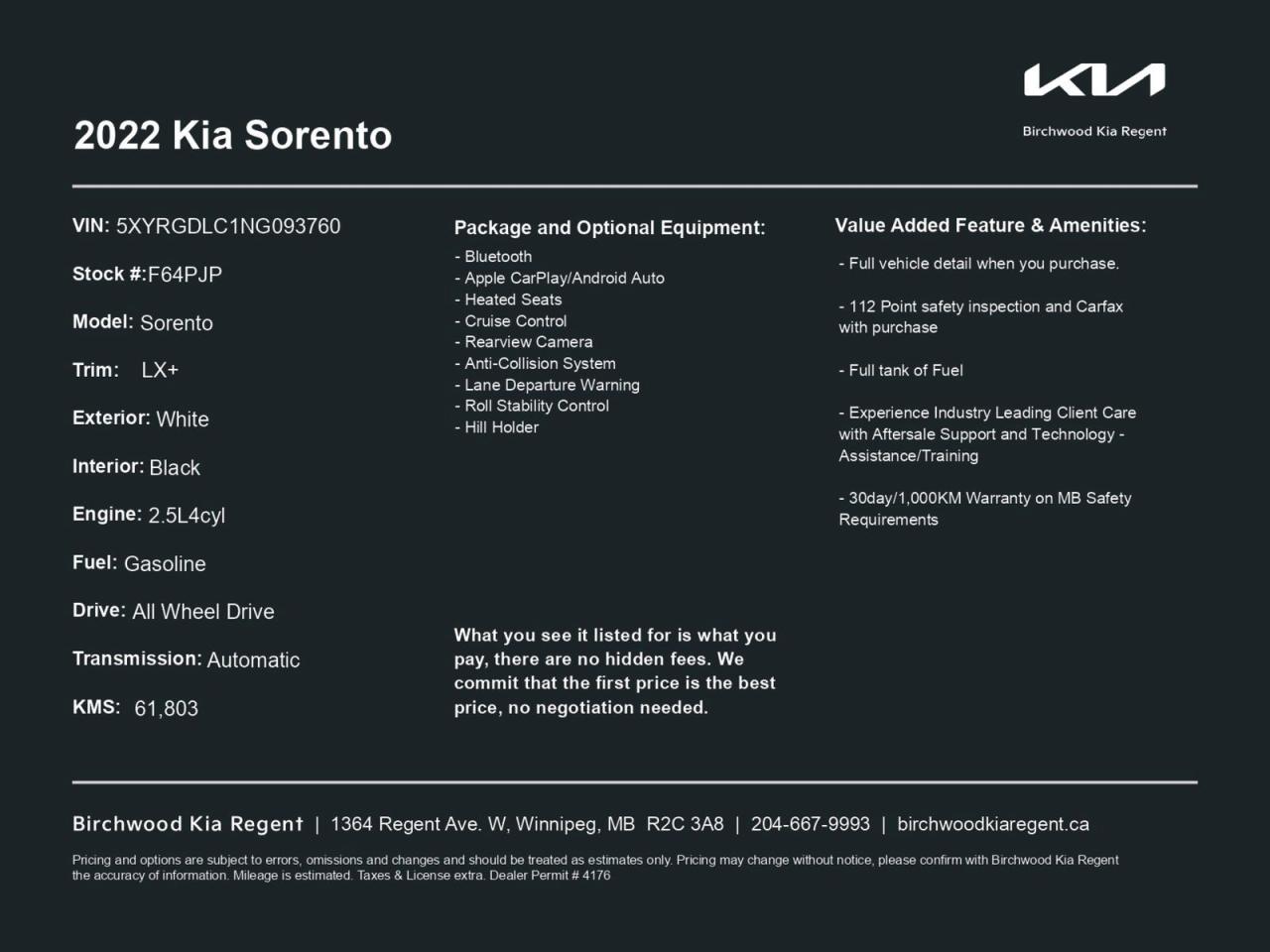 Used 2022 Kia Sorento LX+ Heated Seats | BackUp Cam for sale in Winnipeg, MB