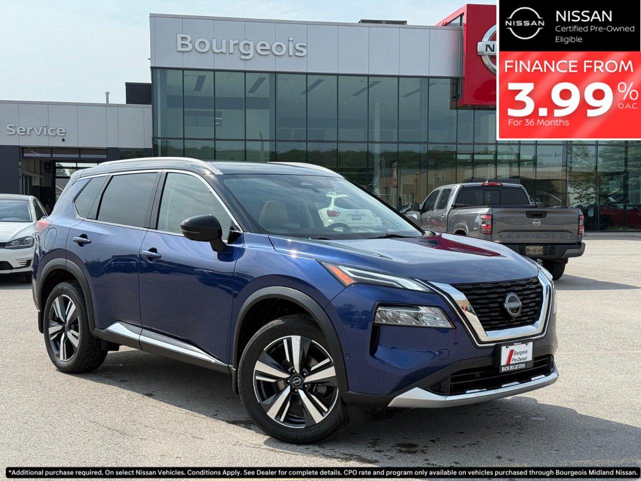 <p>The 2023 Nissan Rogue AWD Platinum embodies a stylish and versatile driving experience. Its striking blue exterior paired with the AWD drivetrain ensures confident handling no matter the road conditions, making it a compelling choice for Canadian drivers.</p><p>Step inside to find a luxurious tan leather interior that exudes elegance and comfort. The sleek design is complemented by practical features such as air conditioning and a panoramic sunroof/moonroof, enhancing every journey. Ride on stylish alloy wheels and enjoy the convenience of keyless entry and remote start for seamless access.</p><p>Stay connected and secure with advanced tech features including a high-resolution navigation system, smart device integration, and a heads-up display that highlights essential driving information. Benefit from exceptional safety features such as a lane assist, adaptive cruise control, and a comprehensive backup camera with parking sensors, all designed to provide peace of mind on the road.</p><p>The Nissan Rogue AWD Platinum is perfect for families and individuals who value comfort, safety, and advanced technology in their daily drive. Contact us today to learn more and see why this SUV could be your next perfect vehicle.</p> <p><strong>Why Choose the Bourgeois Auto Group?</strong></p><p>For 80 years, Bourgeois Auto Group has been delivering exceptional automotive experiences. Our factor trained teams work to ensure you receive the shopping experience you deserve; whether you're looking for a new or new-to-you vehicle.</p><p>Shop 24/7 with our online showroom and chat service, ensuring convenience every step of the way. No hidden fees, full disclosure, and every pre-owned vehicle comes with a Carfax® report for peace of mind.</p><p>We offer a wide selection of pre-owned vehicles, all competitively priced using real-time market data. Get the best deal on your purchase and trade-in with our free Live Market Analysis report.</p><p>Looking to sell your car? We buy any make or modelno purchase required. Our simple to use online trade valuation tool will provide you with a clear, transparent selling experience whether you buy our car or not.</p><p>Backed by hundreds dedicated employees across 4 convenient locations, were here to meet all your automotive needs. Visit us in Midland or Parry Sound and explore our inventory or schedule your next service today.</p> <p><strong>Financing Your Next Vehicle with Bourgeois Midland Nissan:</strong></p><p>At Bourgeois Midland Nissan, we make financing your next vehicle simple and stress-free! Our team works with trusted lenders to find flexible options tailored to your budget. Drive away with confidenceapply today!</p><p>Take advantage of our online pre-qualification tool, backed by Equifax and TD Bank to find the payment that works for you. Simply <a href=https://www.bourgeoisnissan.com/pre-qualify-for-financing/ rel=nofollow><strong>CLICK HERE</strong></a> to use our secure online credit tool with no impact to your credit.</p>