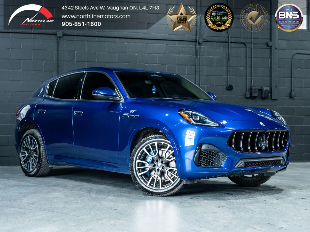 ***QUALIFY FOR A 4 YEAR WARRANTY ON OUR VEHICLES TODAY!!!

Vehicle Key Features Include:
Heads-Up Display, Navigation System, Sonus faber Sound System, Rearview Camera, Memory Seats, Keyless Ignition and Entry, power liftgate, Paddle Shifters, Eco Stop/Start, Android Auto, Active Lane Management, Speed Limiter, Adaptive Cruise Control (ACC), Forward Collision Warning/ Pedestrian Emergency Braking, Park Assist, Park Assist Front Sensors Active in Drive, Blind Spot Alert, Hill Start Assist, Bluetooth Connectivity, Audio Voice Control, CLEAN CARFAX

2023 Blue Intenso Metallic on Black MASERATI GRECALE GT

Northline Motors is a 5 star, family-owned dealership that prides itself on strong family values and a commitment to excellence. As consecutive winners of the Peoples Top Choice Award in the GTA, recognized as one of the Top Three Best Dealers in Vaughan by Top Three Rated, named Best Canadian Business by the Canada Business Review Board, and accredited by the Better Business Bureau with an A+ rating, our dedication to quality truly stands out. Weve also been honored with the Readers Choice Award in Vaughan. Visit our website for weekly updates on our exciting inventory, or stop by our pressure free, friendly showrooms - coffee and tea are always on us-to experience luxury, comfort, and innovation firsthand. With over 12 years of industry experience, we understand your needs and work tirelessly to deliver an exceptional experience every time. Our competitive prices and extensive selection of premium vehicles are backed by full transparency, comprehensive vehicle history reports, extended warranties, and aftermarket services. Serving customers nationwide, we invite you to call or visit today and become part of the ever growing Northline family. 

 Please note: Prices exclude applicable taxes and licensing fees. All vehicles, unless otherwise specified, can be certified for an additional $999; otherwise, as per OMVIC regulations, the vehicle is not drivable, certified, or e tested. 

Although every effort is made to ensure the information provided is accurate and up-to-date, we do not take responsibility for any errors, omissions, or typographical mistakes found on our pages, including vehicle options. Additionally, prices are subject to change without notice. To ensure you have the most up-to-date information, please contact our sales team.