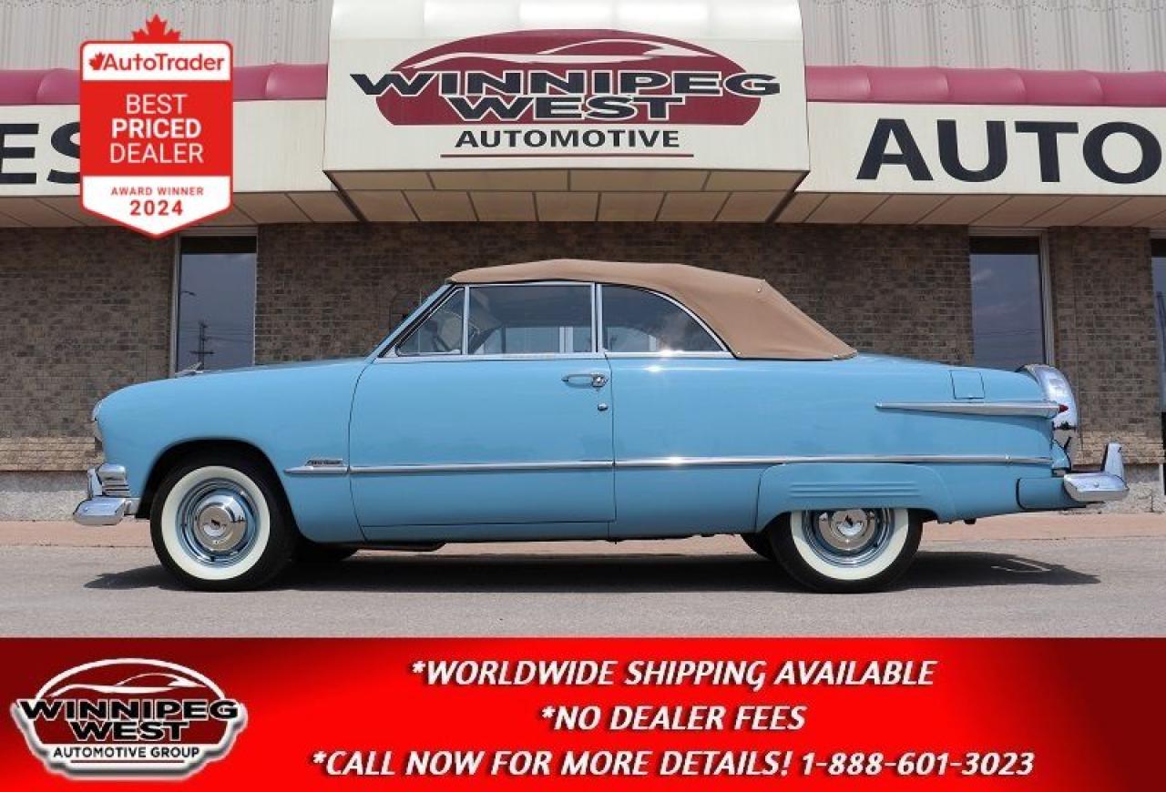 Cash Price: $49,800 Plus PST/GST. NO ADMINISTRATION FEES, ALL TRADES CONSIDERED! 

Just received from a private collection , we are pleased to offer this absolute stunning 1951 Ford Custom Convertible. Flawless, Full No Expense Spared ground up restoration! Classic Museum Quality. A real must see to appreciate!! 

Vehicle Details: 
Year: 1951 
Make: Ford 
Model: Custom Convertible "Shoebox" 
Mileage: 3,696 miles, but sold TMU as 5 digit Odometer & Fully restored 
Style: Convertible Ext Color: Glacier Blue
Engine: 239ci flathead V8 
Transmission: 3 speed overdrive 

MUSEUM/COLLECTOR QUALITY, EXCEPTIONALLY SHARP AND ALL ORIGINAL - NON NICER!! No expense spared restoration. Numbers matching, Every single part has been repaired, replaced, or rebuilt to keep this beauty as close to original as possible & to recreate the way it looked on the showroom floor in 1951, OEM parts were used when possible & reproduction when necessary. This car is perfect in every way. This 1951 Ford Custom Convertible has been the recipient of a complete professional ground up restoration. Powered by a 239ci flathead V8 and a 3 speed overdrive transmission that all have been rebuilt. This car is equipped with a Continental kit , new power top, fender skirts, New dual exhaust system and much more. The paint, chrome, stainless, and glass have all been professionally restored. Car drives like a new 51 Ford Convertible. The paint condition is stunning, as is the rest of the car and the Car runs and drives out strong. The car comes with assorted extra parts, a 1951 Factory brochure, has radial tires and the convertible boot. Truly none nicer!!

Classic cars have proven to be among the most resilient and rewarding investments in recent years and represents better than $$ in the bank and certainly a lot more fun. Ready to make an investment you can enjoy? Please contact one of our expert sales consultants for more information. They will be happy to give you a complete walk-around, supply you with a more detailed description, and answer any questions you may have. Buy with confidence.

Please call for more information or better yet come see it in our  off site climate controlled showroom where it is on display!! READY FOR SALE NOW.  Please see dealer for details. Trades accepted. View at Winnipeg West Automotive Group, 5195 Portage Ave. Dealer permit # 4365, Call now 1 (888) 601-3023. This Car is located in Winnipeg Manitoba however we can have it shipped anywhere in North America relatively inexpensively.