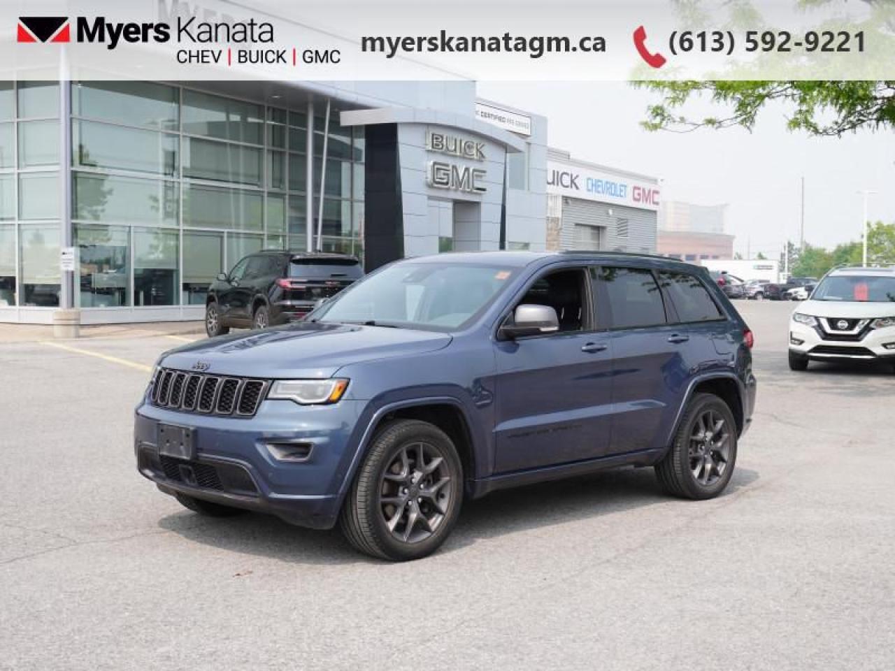 <b>Leather Seats, Lane Keep Assist, 4G Wi-Fi, Navigation, Android Auto, Apple CarPlay, Heated Seats, Remote Start, Proximity Key, Heated Steering Wheel, Power Liftgate</b><br> <br>     This  2021 Jeep Grand Cherokee is fresh on our lot in Kanata. <br> <br>The Jeep Grand Cherokee is the most awarded SUV ever and for a very good reasons. With numerous best-in-class features and class-exclusive amenities, the 2021 Jeep Grand Cherokee offers drivers more than the competition. On the outside, it showcases the rugged capability to go off the beaten path while the interior offers technology and comfort beyond what youd expect in an SUV. This gorgeous Jeep Grand Cherokee is second to none when it comes to performance, safety, and style. This  SUV has 53,605 kms. Its  slate blue pear in colour  . It has an automatic transmission and is powered by a  smooth engine. <br> <br> Our Grand Cherokees trim level is 80th Anniversary Edition. After eight decades of trail dominance, the Jeep name still brings quality. This 80th Anniversary Grand Cherokee comes with exclusive 80th Anniversary badges, 80th Anniversary tags throughout the interior, and granite crystal exterior accents. This family SUV is packed with off road capability with towing equipment, aluminum wheels, chrome exterior accents, and fog lamps. Ride comfortable and connected with Uconnect 4 with navigation, wi-fi, voice activation, Apple CarPlay, Android Auto, driver memory settings, heated leather seats, a heated leather steering wheel, voice activated air conditioning, rain sensing wipers, a proximity key, remote start, and a power liftgate. Ensure your family rides safe with collision mitigation, lane keep assist, blind spot monitoring, rear cross path detection, and a ParkView rear backup camera. <br> To view the original window sticker for this vehicle view this <a href=http://www.chrysler.com/hostd/windowsticker/getWindowStickerPdf.do?vin=1C4RJFBG6MC593613 target=_blank>http://www.chrysler.com/hostd/windowsticker/getWindowStickerPdf.do?vin=1C4RJFBG6MC593613</a>. <br/><br> <br>To apply right now for financing use this link : <a href=https://www.myerskanatagm.ca/finance/ target=_blank>https://www.myerskanatagm.ca/finance/</a><br><br> <br/><br>Price is plus HST and licence only.<br> Book a test drive today at myerskanatagm.ca<br>*LIFETIME ENGINE TRANSMISSION WARRANTY NOT AVAILABLE ON VEHICLES WITH KMS EXCEEDING 140,000KM, VEHICLES 8 YEARS & OLDER, OR HIGHLINE BRAND VEHICLE(eg. BMW, INFINITI. CADILLAC, LEXUS...)<br> Come by and check out our fleet of 40+ used cars and trucks and 170+ new cars and trucks for sale in Kanata.  o~o