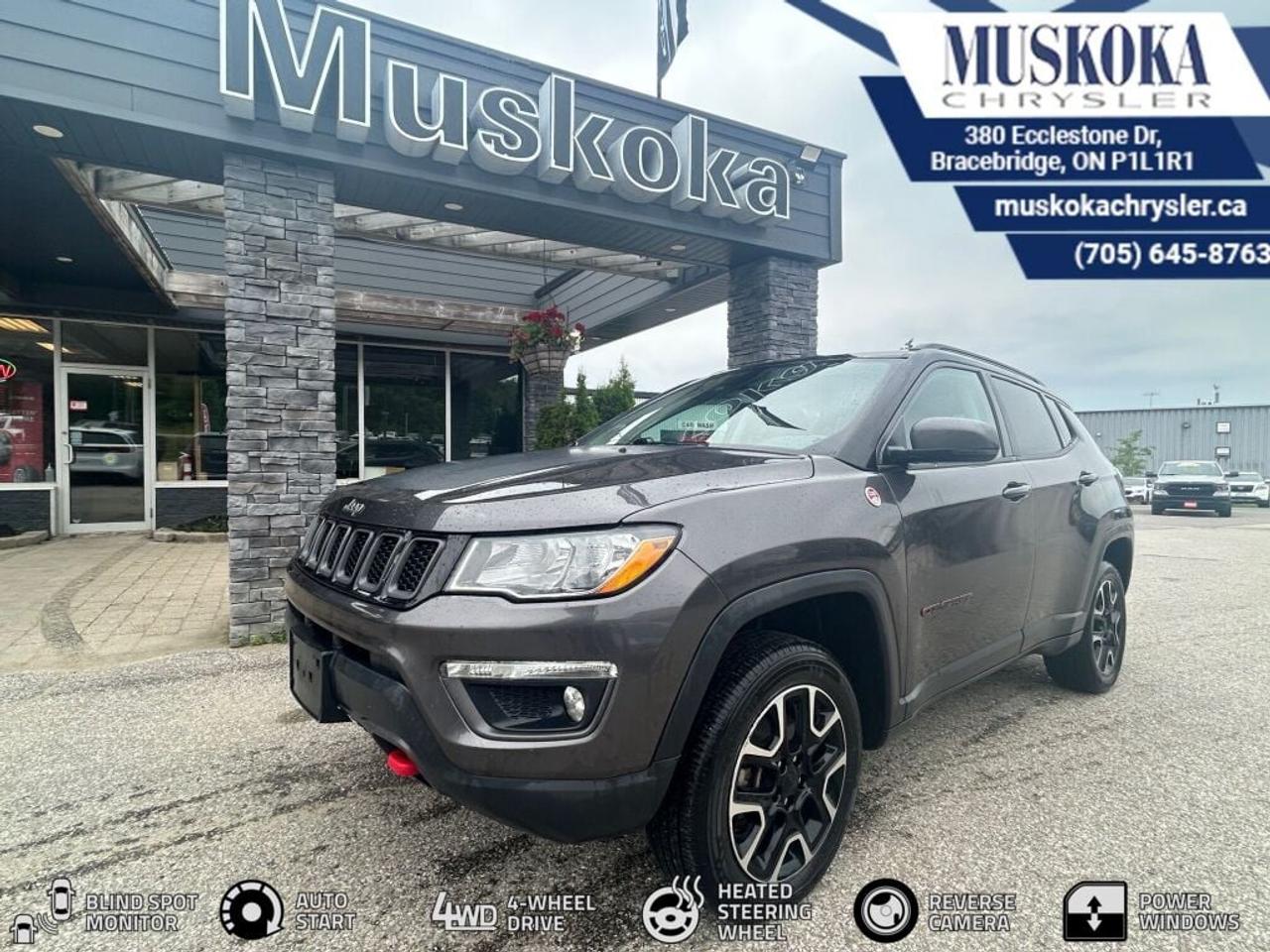 Former Daily Rental with 2 sets of tires! This JEEP COMPASS TRAILHAWK, with a 4 Cylinder Engine engine, features a TRANSMISSION: 9-SPEED AUTOMATIC (DFH) transmission, and generates 7.8 highway/10.8 city L/100km. Find this vehicle with only 114823 kilometers!  JEEP COMPASS TRAILHAWK Options: This JEEP COMPASS TRAILHAWK offers a multitude of options. Technology options include: 2 LCD Monitors In The Front, MP3 Capability.  Safety options include Rain Detecting Variable Intermittent Wipers w/Heated Wiper Park, Airbag Occupancy Sensor, Curtain 1st And 2nd Row Airbags, Driver Knee Airbag, Dual Stage Driver And Passenger Front Airbags.  Visit Us: Find this JEEP COMPASS TRAILHAWK at Muskoka Chrysler today. We are conveniently located at 380 Ecclestone Dr Bracebridge ON P1L1R1. Muskoka Chrysler has been serving our local community for over 40 years. We take pride in giving back to the community while providing the best customer service. We appreciate each and opportunity we have to serve you, not as a customer but as a friend