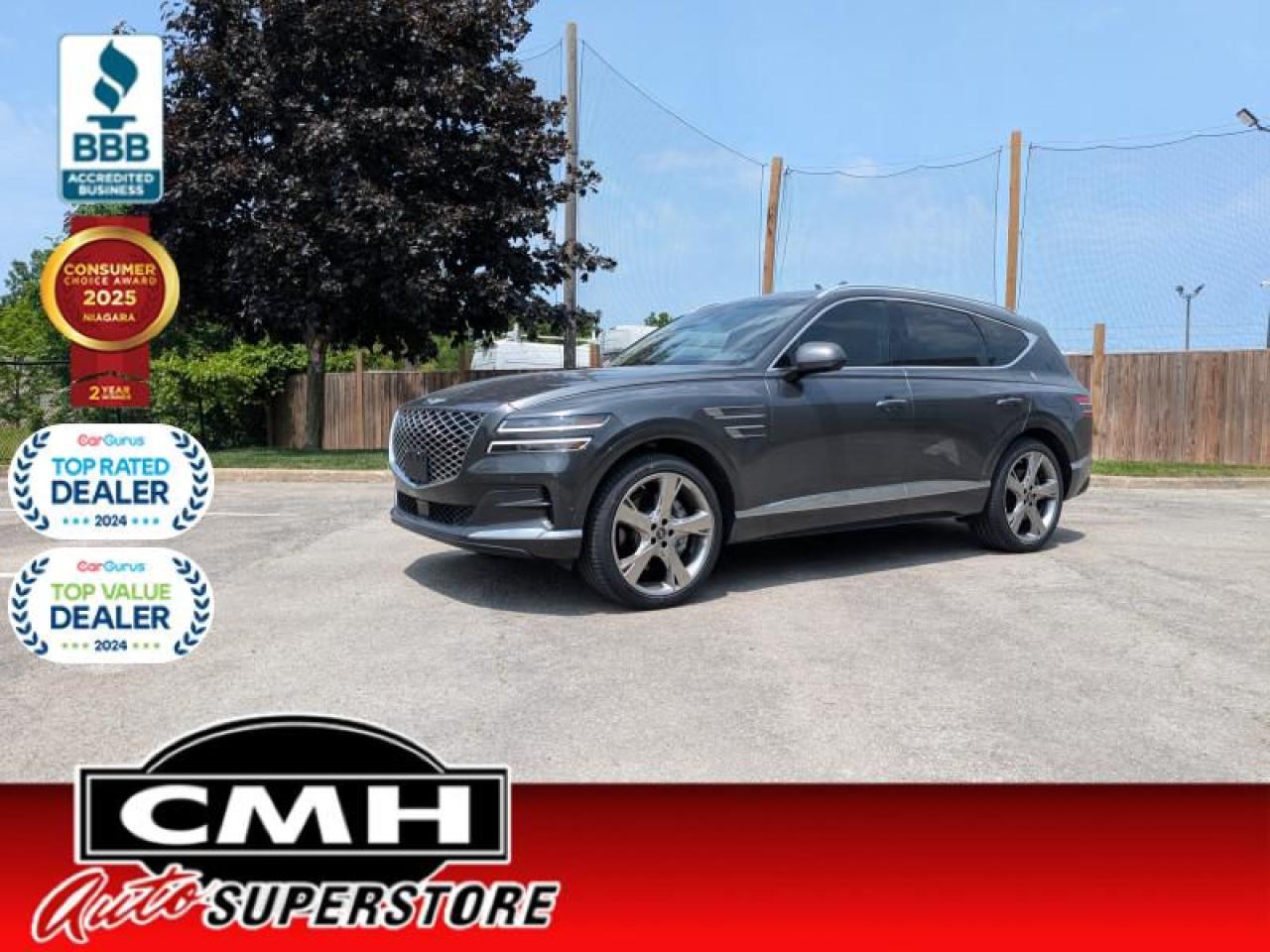 <b>Heads Up Display, Quilted Nappa Leather, Cooled Seats, Sunroof, Navigation, Hands Free Liftgate, Active Driver Assist, Wireless Charging, Apple CarPlay, Android Auto</b><br> <br> <br>CMH certifies that all vehicles meet DOUBLE the Ministry standards for Brakes and Tires<br><br> <br>    This  2021 Genesis GV80 is for sale today. <br> <br>Designed and created to be one of the most refined luxury SUVs in the world, this Genesis GV80 packs a punch with its potent engines, refined quality interiors, and supremely comfortable ride. Created to relentlessly control the segment, it easily beats its competitors with luxurious grace and ease. Step into this GV80 to see the evolution of luxurious exploration.This  SUV has 123,525 kms. Its  gray in colour  . It has an automatic transmission and is powered by a  375HP 3.5L V6 Cylinder Engine. <br> <br> Our GV80s trim level is 3.5T Prestige. This GV80 is the lap of luxury with rear window blinds, memory settings, heated steering wheel, proximity keyless entry, distance pacing cruise with stop and go, navigation, Apple CarPlay, Android Auto, wireless charging, parking sensors, blind spot assistance, collision mitigation, and lane keep assist. The luxury and style continues on the exterior with dual exhaust with chrome tips, alloy wheels, chrome exterior accents, power sunroof, rain sensing wipers, hands free power liftgate, and fully automatic LED lighting. Take it even further with this Prestige trim offering Lexicon Premium Audio, Quantum Logic surround sound, wood grain trim, bigger wheels, heated and cooled seats, quilted nappa leather upholstery, automatic parking, a 360 degree parking camera, and a head up display.<br> <br>To apply right now for financing use this link : <a href=https://www.cmhniagara.com/financing/ target=_blank>https://www.cmhniagara.com/financing/</a><br><br> <br/><br>Trade-ins are welcome! Financing available OAC ! Price INCLUDES a valid safety certificate! Price INCLUDES a 60-day limited warranty on all vehicles except classic or vintage cars. CMH is a Full Disclosure dealer with no hidden fees. We are a family-owned and operated business for over 30 years! o~o