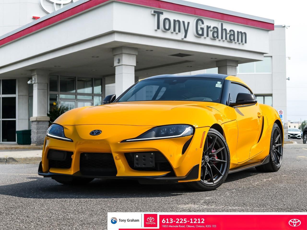 Nitro Yellow 2023 Toyota GR Supra 3.0 RWD 8-Speed Automatic 3.0L I6 DOHC 24V<br /><br />Experience the difference at Tony Graham Toyota  Ottawas first Toyota dealership, proudly family-owned and operated for over 50 years.<br /><br />12 Speakers, Adaptive suspension, Apple CarPlay, Exterior Parking Camera Rear, Four wheel independent suspension, Fully automatic headlights, Headlight cleaning, Heads-Up Display, Memory seat, Wheels: 19''' Frozen Gunmetal.<br /><br /><br />All of our pricing is checked and updated daily to stay competitive in todays market.