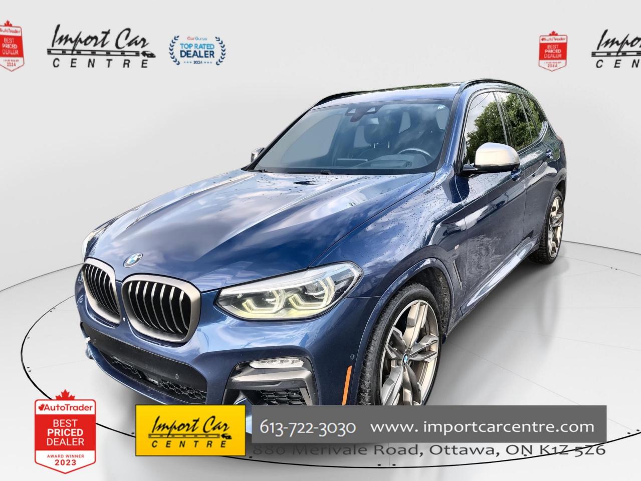 *** 2024 AUTOTRADER BEST PRICED DEALER AWARD 2024 * CARGURUS TOP RATED DEALER 2024 * SMETANA APPROVED ***  This BMW X3 truly caters to the purist who is looking for versatility and carrying capacity and who does not want to compromise zest for drive and connection!!  Finished in  Phytonic Blue Metallic with gorgeous Vernasca Black leather seating surfaces, M Aerodynamics package, panoramic sunroof, rear sunshades, seat backrests, lumbar support, active ventilation seats, heated seats, ambient air packet, ambient interior lighting, navigation, heads up display, SiriusXM radio, Harman Kardon sound system, real time traffic information, smart phone integration, adaptive headlamps, LED fog lights, high beam assistant, driving assistant plus, parking assistance system plus, 21 alloys, heated steering wheel, M sport brakes, adaptive M chassis, performance control, variable sport steering, comfort access, anthracite headliner all compliment this stunning 2018 BMW X3 M40i  Perfection and beyond!!  Home of the Platinum up to 240,000kms warranty and financing is always available O.A.C Import Car Centre, proudly serving the Ottawa and surrounding area for over 42 years. Come down and experience Import Car Centre for yourself and see just why our customers are so happy! 

 #importcarcentre #smetanaapproved #iccs