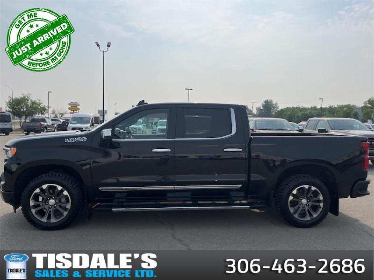 <b>Leather Seats,  Aluminum Wheels,  Wireless Charging,  Memory Seats,  Premium Audio!</b><br> <br> Check out the large selection of pre-owned vehicles at Tisdales today!<br> <br>   This Chevrolet Silverado is a highly refined truck created to be as comfortable as it is capable. This  2022 Chevrolet Silverado 1500 is fresh on our lot in Kindersley. <br> <br>Redesigned in 2022 this Chevy Silverado 1500 is functional and ergonomic, suited for the work-site or family life. Bold styling throughout gives it amazing curb appeal and a dominating stance on the road, while the its smartly designed interior keeps every passenger in superb comfort and connectivity on any trip. With brawn, brains and reliability, this muscular pickup was built by truck people, for truck people, and comes from the family of the most dependable, longest-lasting full-size pickups on the road. This  Crew Cab 4X4 pickup  has 96,842 kms. Its  black in colour  . It has an automatic transmission and is powered by a  355HP 5.3L 8 Cylinder Engine. <br> <br> Our Silverado 1500s trim level is High Country. This top of the line Silverado 1500 High Country is the pinnacle trim from Chevrolet and was designed to reward you with the best truck on the market. This fully loaded truck comes with premium leather seats with exclusive stitching and authentic open-pore wood trim, unique aluminum wheels, and Chevrolets Premium Infotainment 3 system thats paired with a larger touchscreen display, wireless Apple CarPlay and Android Auto, 4G LTE hotspot and SiriusXM. Additional high end features include a BOSE premium audio system, a spray-in bedliner, wireless device charging, remote engine start, blind spot detection with trailer side detection, forward collision warning with automatic braking, intellibeam LED headlights, a leather wrapped steering wheel, lane keep assist, Teen Driver technology, trailer hitch guidance and a HD 360 surround vision camera plus so much more! This vehicle has been upgraded with the following features: Leather Seats,  Aluminum Wheels,  Wireless Charging,  Memory Seats,  Premium Audio,  Wireless Charging,  Power Tailgate. <br> <br>To apply right now for financing use this link : <a href=http://www.tisdales.com/shopping-tools/apply-for-credit.html target=_blank>http://www.tisdales.com/shopping-tools/apply-for-credit.html</a><br><br> <br/><br>Tisdales is not your standard dealership. Sales consultants are available to discuss what vehicle would best suit the customer and their lifestyle, and if a certain vehicle isnt readily available on the lot, one will be brought in. o~o