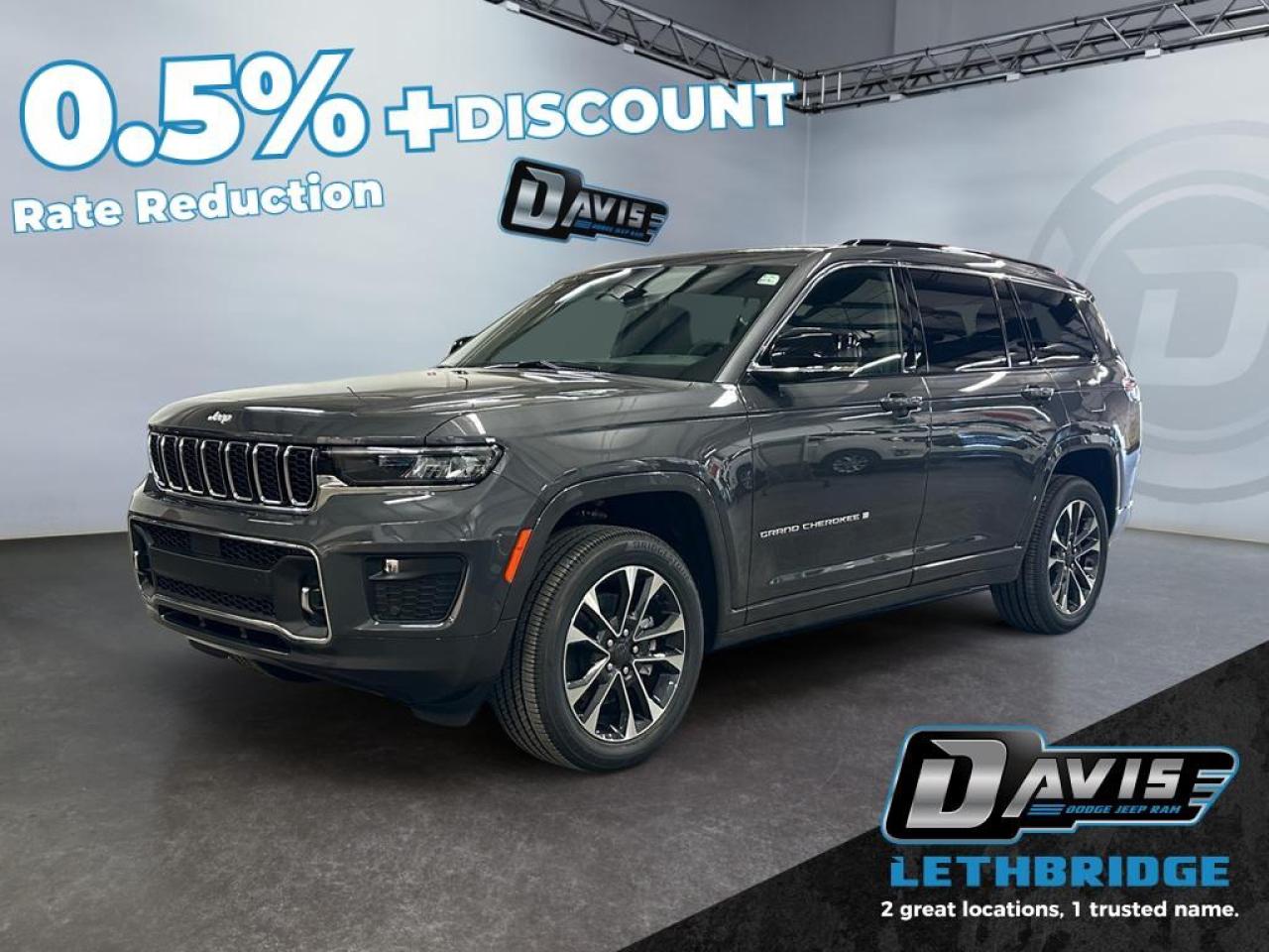 <b>Seating for 7, Heated and Cooled Front Seats, Front Massage Seats, Second Row Heated Seats, Power Liftgate!<br /> <br /></b><br /> <br /> <br />Experience premium capability in the 2025 Jeep Grand Cherokee L Overland 4x4, finished in Baltic Grey Metallic and powered by the proven 3.6L Pentastar V6 paired with an 8-speed TorqueFlite automatic transmission. This Overland model features the advanced Quadra-Trac II 4x4 system, Selec-Terrain drive modes, and Quadra-Lift air suspension, giving it exceptional comfort, ride height adjustability, and all-weather performance. LED projector headlights, LED fog lamps, and a hands-free power liftgate elevate visibility and convenience.<br /><br />Inside, the Overland offers a refined cabin with Nappa leather-faced seating, front heated and ventilated seats, second-row heated seats, and a heated steering wheel. The dual-pane CommandView panoramic sunroof, multi-color ambient lighting, and active noise control enhance the premium driving experience. This model includes the Luxury Tech Group IV, adding 12-way power front seats with massage, passenger seat memory, wireless charging, second-row window shades, and an auto-dimming digital rearview mirror. A 10.25-inch digital cluster pairs with Uconnect 5 NAV and a 10.1-inch touchscreen featuring SiriusXM 360L and full smartphone connectivity.<br /><br />Safety is a highlight with Adaptive Cruise Control with Stop & Go, Traffic Sign Recognition, Pedestrian/Cyclist Emergency Braking, Full-Speed Forward Collision Warning Plus, Active Lane Management, Blind-Spot Monitoring, Park-Sense Front & Rear Park Assist with stop, and a ParkView rear camera. With seating for seven, second-row tip-and-slide functionality, and a power folding third row, the 2025 Grand Cherokee L Overland blends luxury, technology, and capability into the perfect three-row SUV.<br /> <br />To apply right now for financing use this link: <a href=https://lethbridge.davisdodge.ca/free-credit-check/ target=_blank rel=nofollow noopener noreferrer>https://lethbridge.davisdodge.ca/free-credit-check/</a><br /><br /> <br /><br />As a premier Chrysler, Dodge, Jeep and RAM dealership, Davis Dodge proudly offers an extensive selection of new and used vehicles to meet every drivers needs. Customers across Lethbridge, Fort Macleod, Taber, Claresholm, Coaldale, and beyond trust us for daily vehicle specials, certified service and parts, and a seamless online inventory experience. <br /><br /> With competitive financing options and expert support, we make car buying easy and enjoyable. <br /><br /> Ready to hit the road? Schedule your test drive today at Davis Dodge, your trusted Chrysler, Dodge, Jeep and RAM dealer in Lethbridge, Alberta.<br /><br /> Vehicle pricing offer shown expires 2026-03-31. <br /> Come by and check out our fleet of 60+ used cars and trucks and 120+ new cars and trucks for sale in Lethbridge. o~o