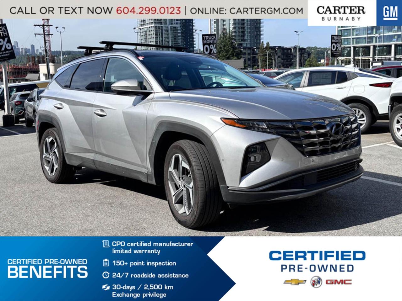 PRE-OWNED CERTIFIED | NO ACCIDENTS | ONE OWNER
Elevate your drive with the 2023 Hyundai Tucson Plug-in Hybridwhere innovation meets comfort. Enjoy heated and ventilated front bucket seats, Bose premium audio with 8 high-efficiency speakers, and two crisp LCD monitors. Stay confident with Blind-Spot Collision-Avoidance Assist and Parking Distance Warning, while Cruise Control-Steering Assist adds ease to every journey. With HD Radio and advanced hybrid efficiency, this SUV redefines modern driving.

Come take it for a test drive today and experience all this stylish vehicle has to offer!

WHY CARTER GM BURNABY?

- An unrivalled vehicle purchasing experience!
- Exceeding our loyal customers expectations since 1963
- 4.5 Google star rating with 2,000+ customer reviews
- Peace of mind - 150-point vehicle inspection
- CARFAX - full vehicle service history - purchase with confidence!
- Vehicle trades welcome! Best price guaranteed!
- We provide upfront pricing, zero hidden fees, and 100% transparency
- Fast approvals and 99% acceptance rates (no matter your current credit status!)
- Multilingual staff (many languages spoken)
- Comfortable non-pressured environment with in-store television, WIFI and a childrens play area!

Were here to help you drive the vehicle you want, the vehicle you deserve!
QUESTIONS? GREAT! WEVE GOT ANSWERS!
To speak with a friendly vehicle specialist - CALL NOW!
(Doc. Fee: $495.00 Dealer Code: D5505)