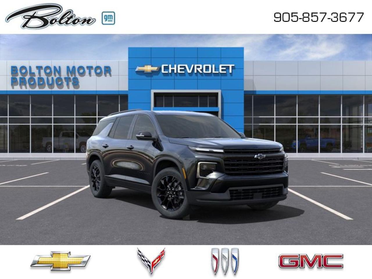 <b>Wireless Charging, Heated Seats, Heated Steering Wheel, Power Liftgate, 360 Camera, Remote Start, Adaptive Cruise Control, Blind Spot Monitoring, Lane Keep Assist</b><br> <br> <br> <br>  From a daily commute to a weekend getaway, this 2025 Traverse has you covered. <br> <br>This 2025 Traverse was designed to do more than keep up with your family. With a huge and versatile cabin, you can rest assured that theres always a way for the next journey. Style, luxury, and technology come together to make every trip safer, cooler, and way more fun. Whatever you need to do and wherever you need to go, this Chevy Traverse has the capability to get it done.<br> <br> This mosaic black metallic  SUV  has an automatic transmission and is powered by a  328HP 2.5L 4 Cylinder Engine.<br> <br> Our Traverses trim level is LT. Standard features in this Traverse LT include heated front seats with a heated steering wheel, remote engine start, an AutoSense power liftgate for rear cargo access, adaptive cruise control, a wireless charging pad, and an expansive 17.7-inch infotainment screen with inbuilt navigation, wireless Apple CarPlay and Android Auto, and SiriusXM. Safety features also include blind zone alert, lane keep assist with lane departure warning, HD surround vision, following distance indication and forward collision alert.<br><br> <br>To apply right now for financing use this link : <a href=http://www.boltongm.ca/?https://CreditOnline.dealertrack.ca/Web/Default.aspx?Token=44d8010f-7908-4762-ad47-0d0b7de44fa8&Lang=en target=_blank>http://www.boltongm.ca/?https://CreditOnline.dealertrack.ca/Web/Default.aspx?Token=44d8010f-7908-4762-ad47-0d0b7de44fa8&Lang=en</a><br><br> <br/><br>At Bolton Motor Products, we offer new Chevrolet, Cadillac, Buick, GMC cars and trucks in Bolton, along with used cars, trucks and SUVs by top manufacturers. Our sales staff will help you find that new or used car you have been searching for in the Bolton, Brampton, Nobleton, Kleinburg, Vaughan, & Maple area. o~o